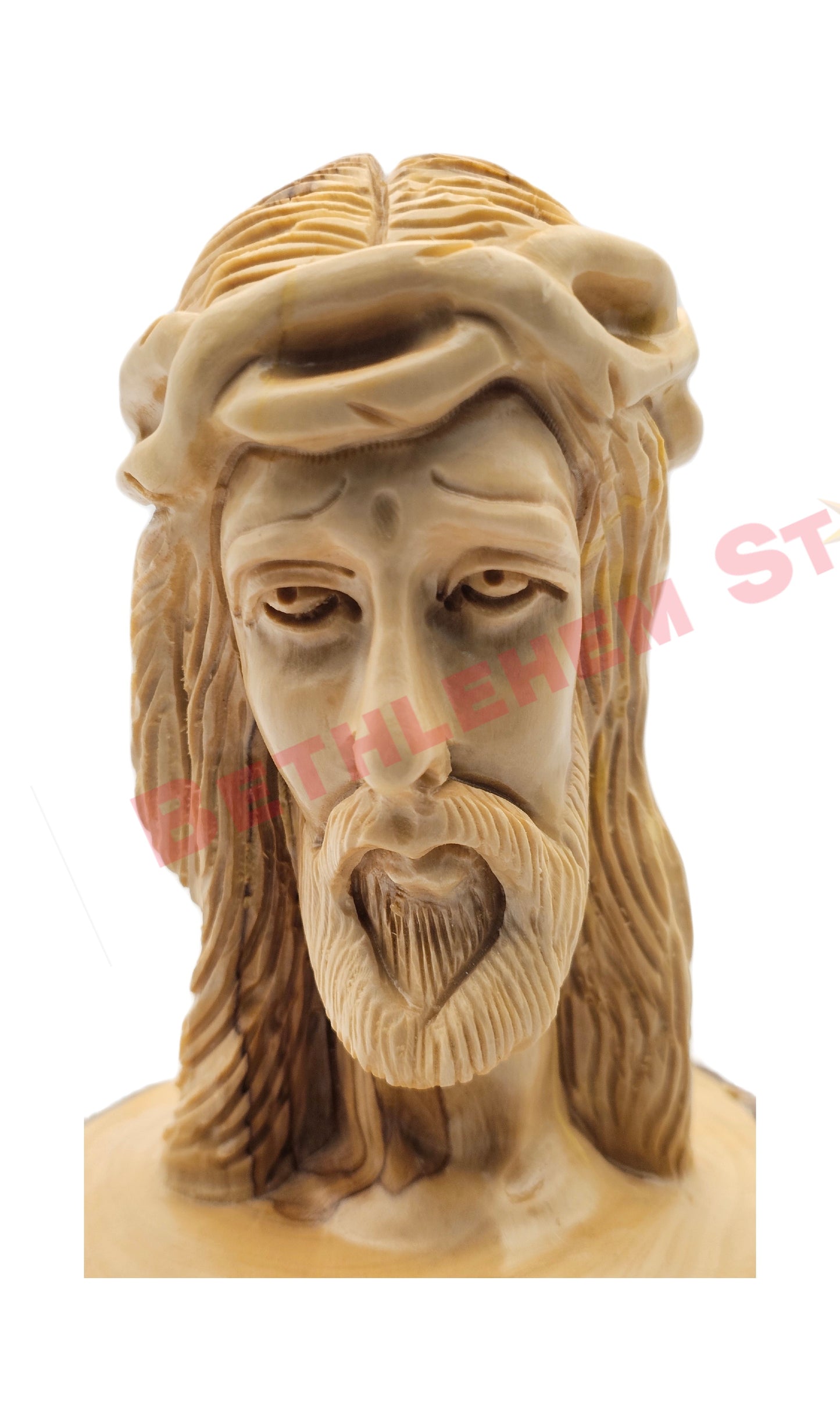 Jesus Head Hand Carved from Olive Wood on a Natural olive tree stand