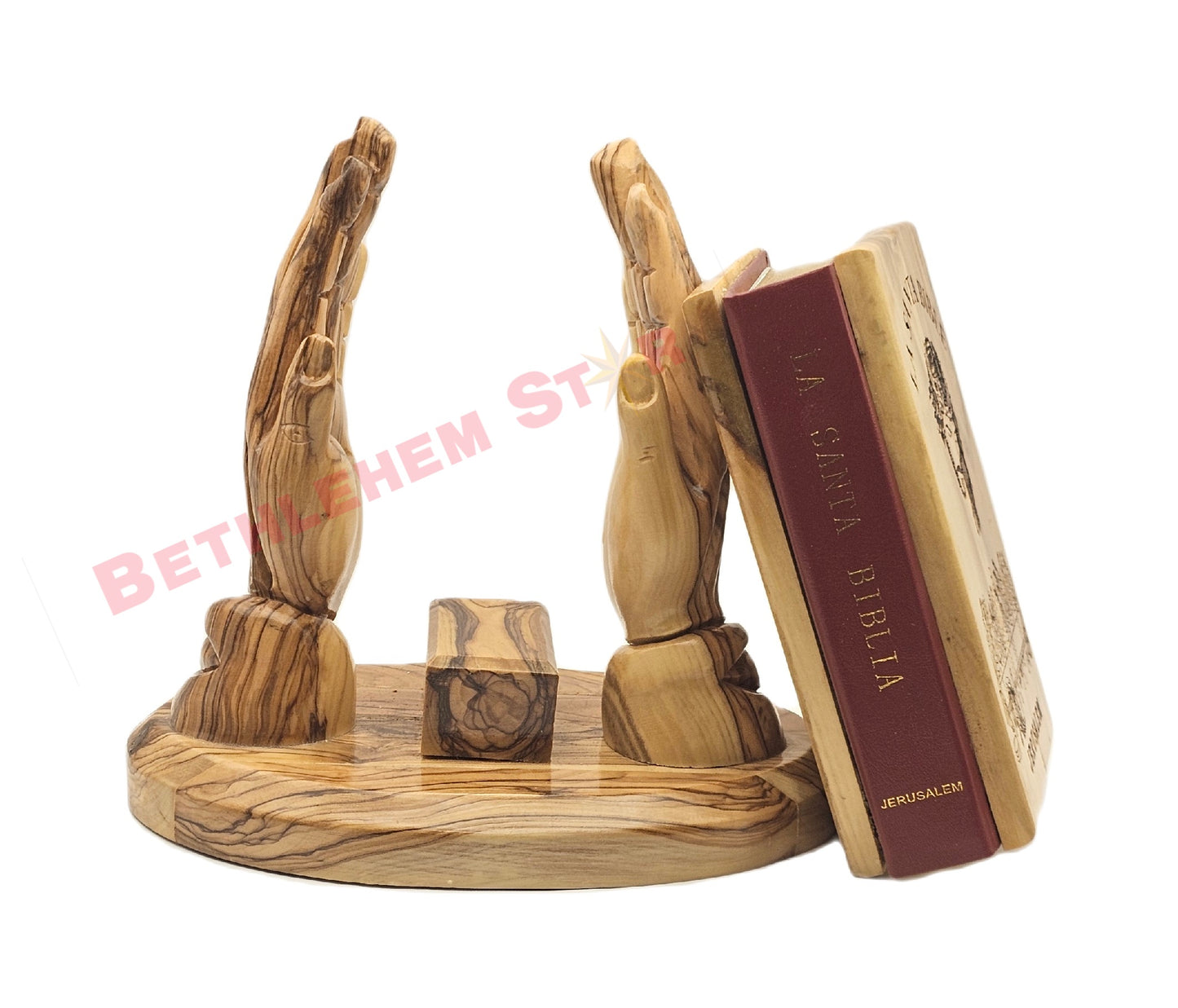 Hand prayer holding The Holy Bible Handmade from olive wood Spanish