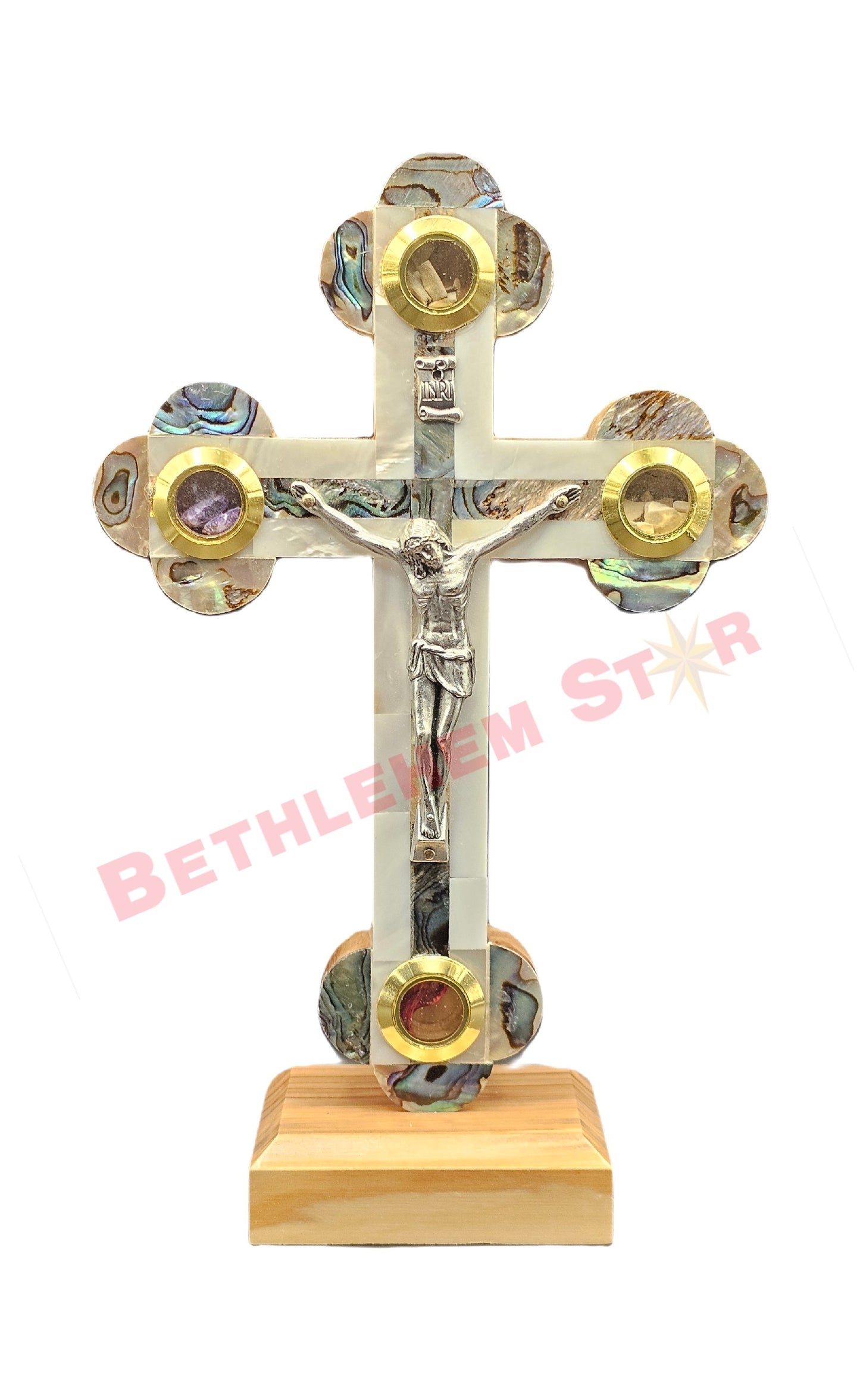 Mother of pearls & Olive wood Cross RMF 16cm with Stand