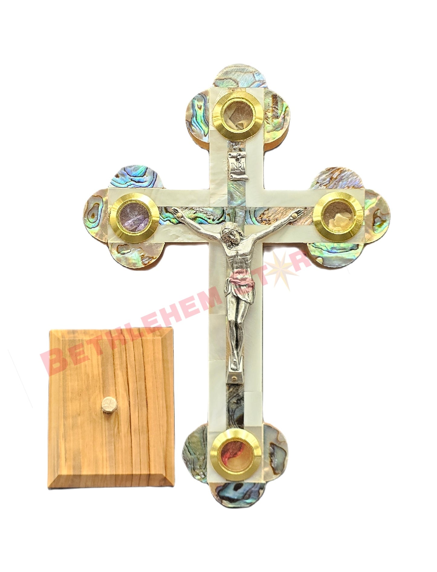 Mother of pearls & Olive wood Cross RMF 16cm with Stand