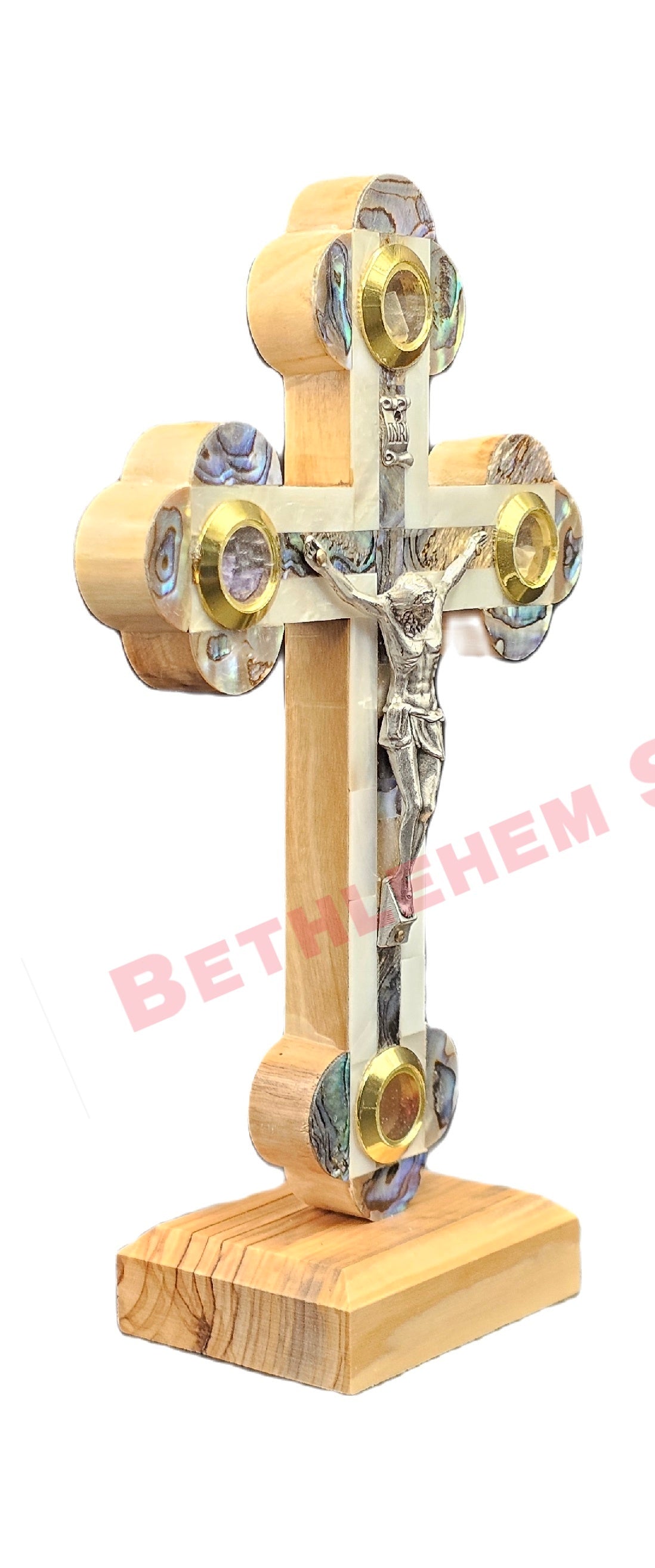 Mother of pearls & Olive wood Cross RMF 16cm with Stand