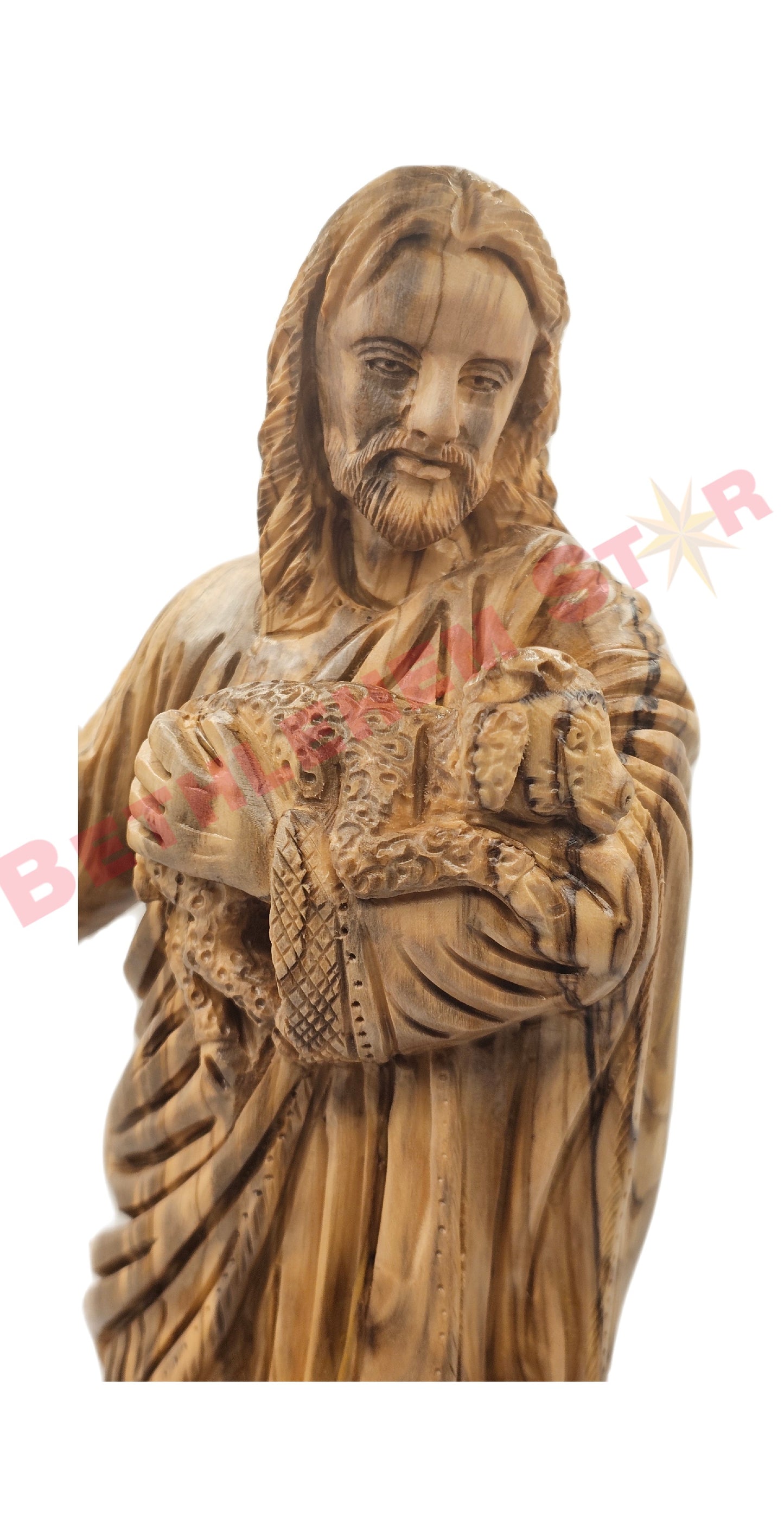 Olive wood carving of The Good Shepherd with his staff