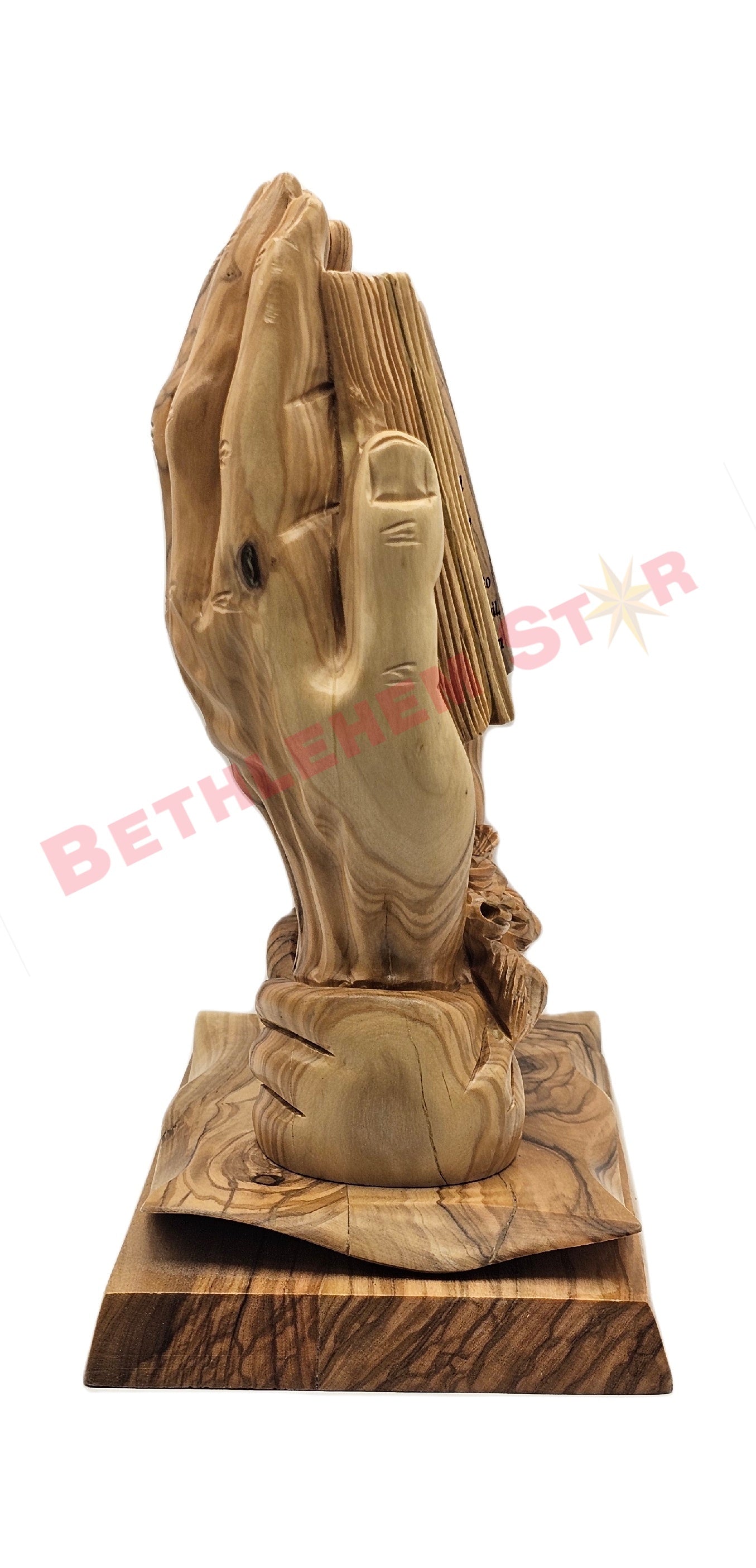 Hands Holding the Lord’s Prayer in Carved Olive Wood