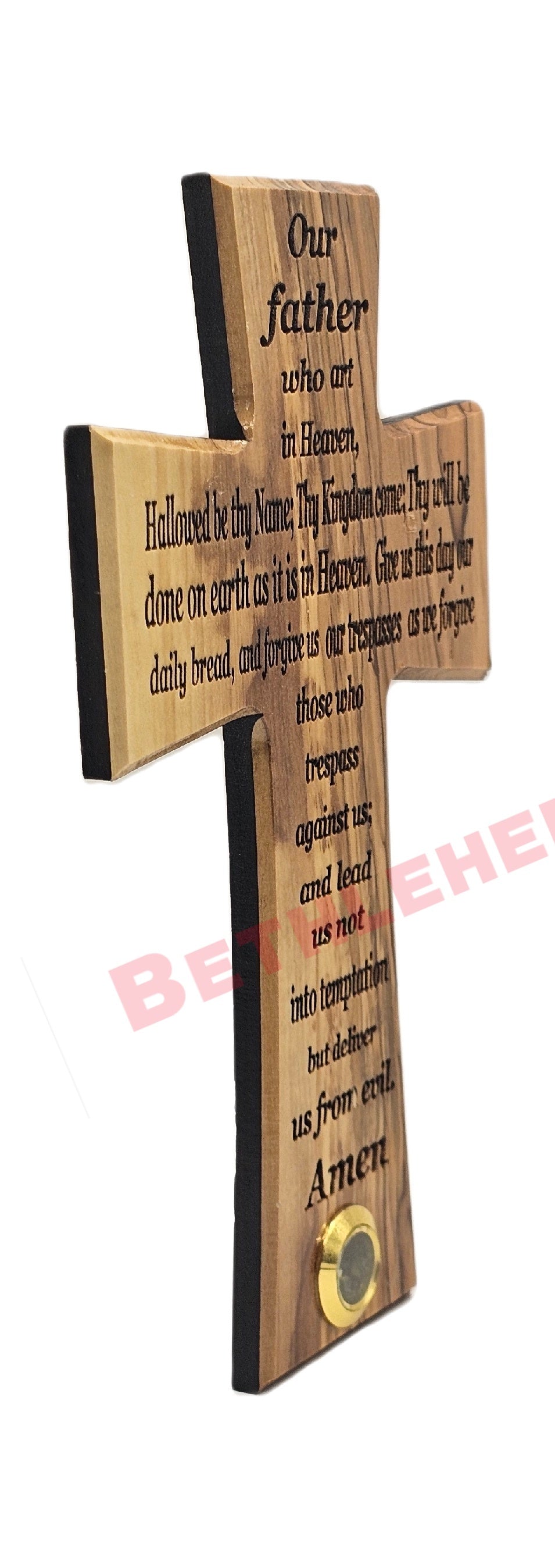 Olive wood Cross with Our Father prayer English