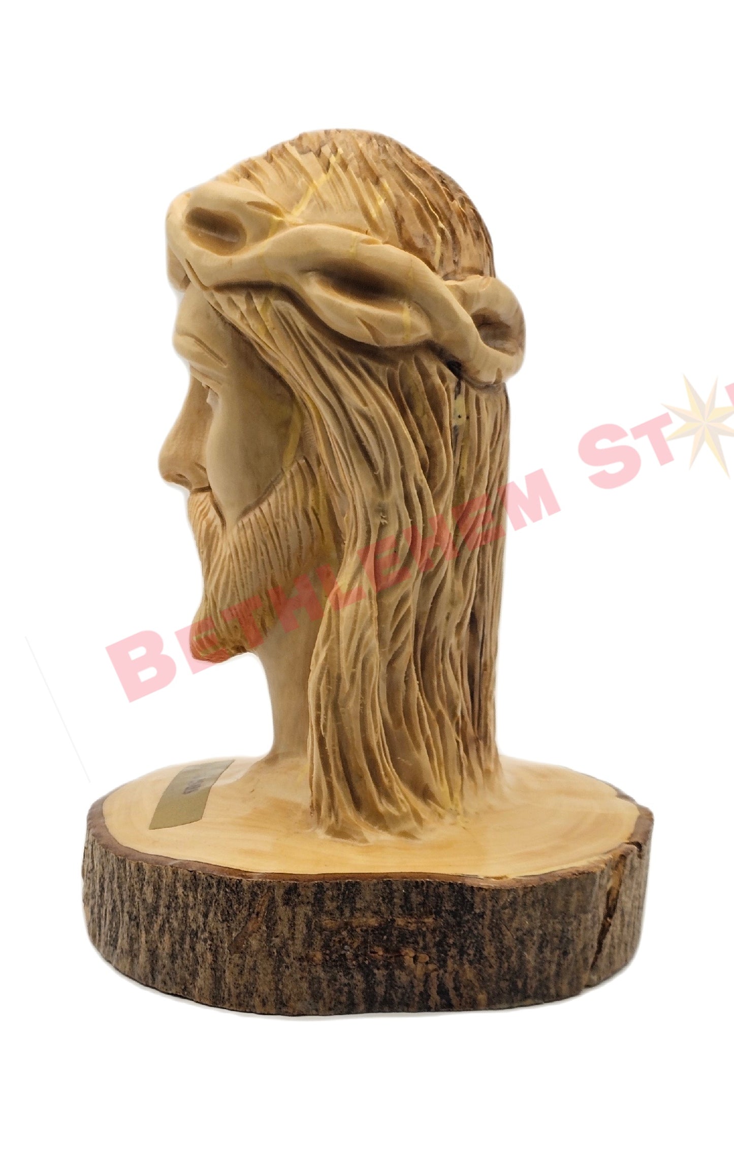 Jesus Head Hand Carved from Olive Wood on a Natural olive tree stand