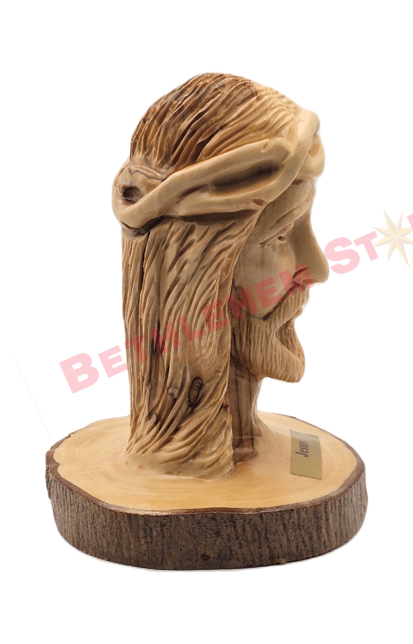Jesus Head Hand Carved from Olive Wood on a Natural olive tree stand