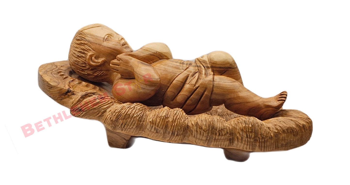 Olive wood hand carved 13" Baby Jesus in Manger