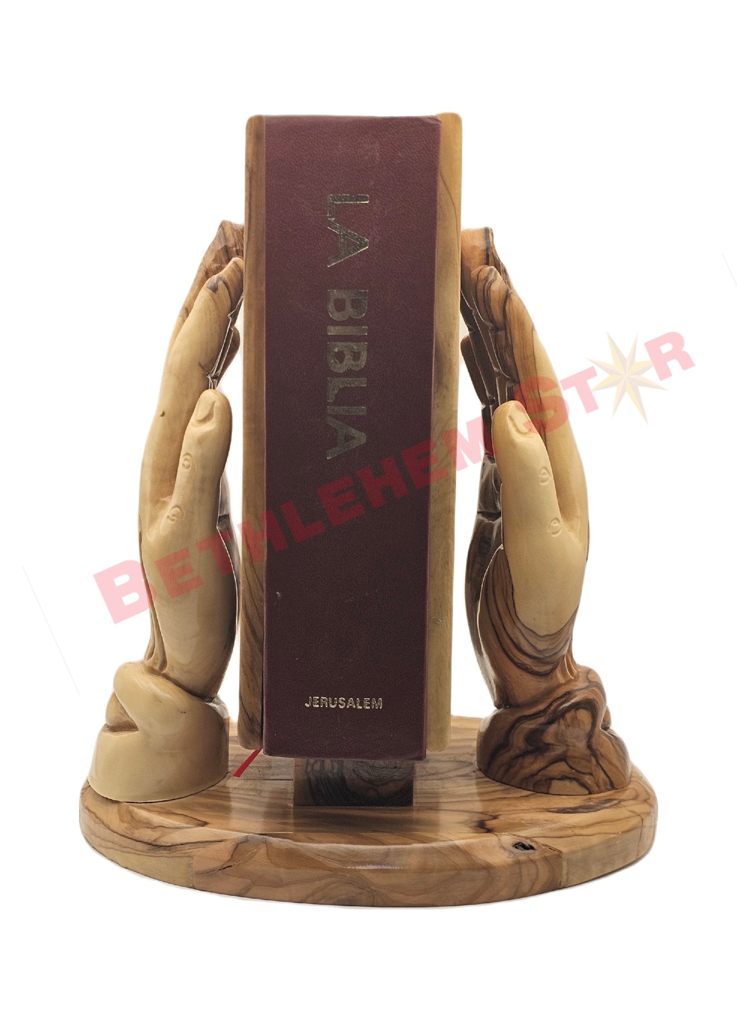 Hand prayer holding The Holy Bible Handmade from olive wood Spanish