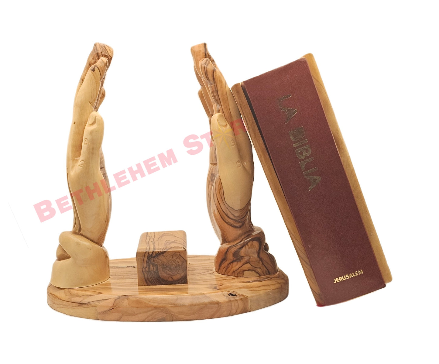Hand prayer holding The Holy Bible Handmade from olive wood Spanish