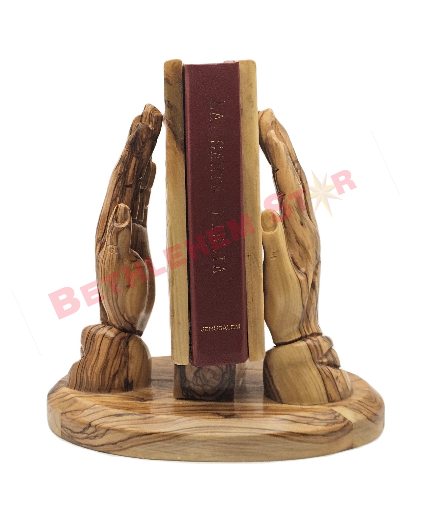 Hand prayer holding The Holy Bible Handmade from olive wood Spanish