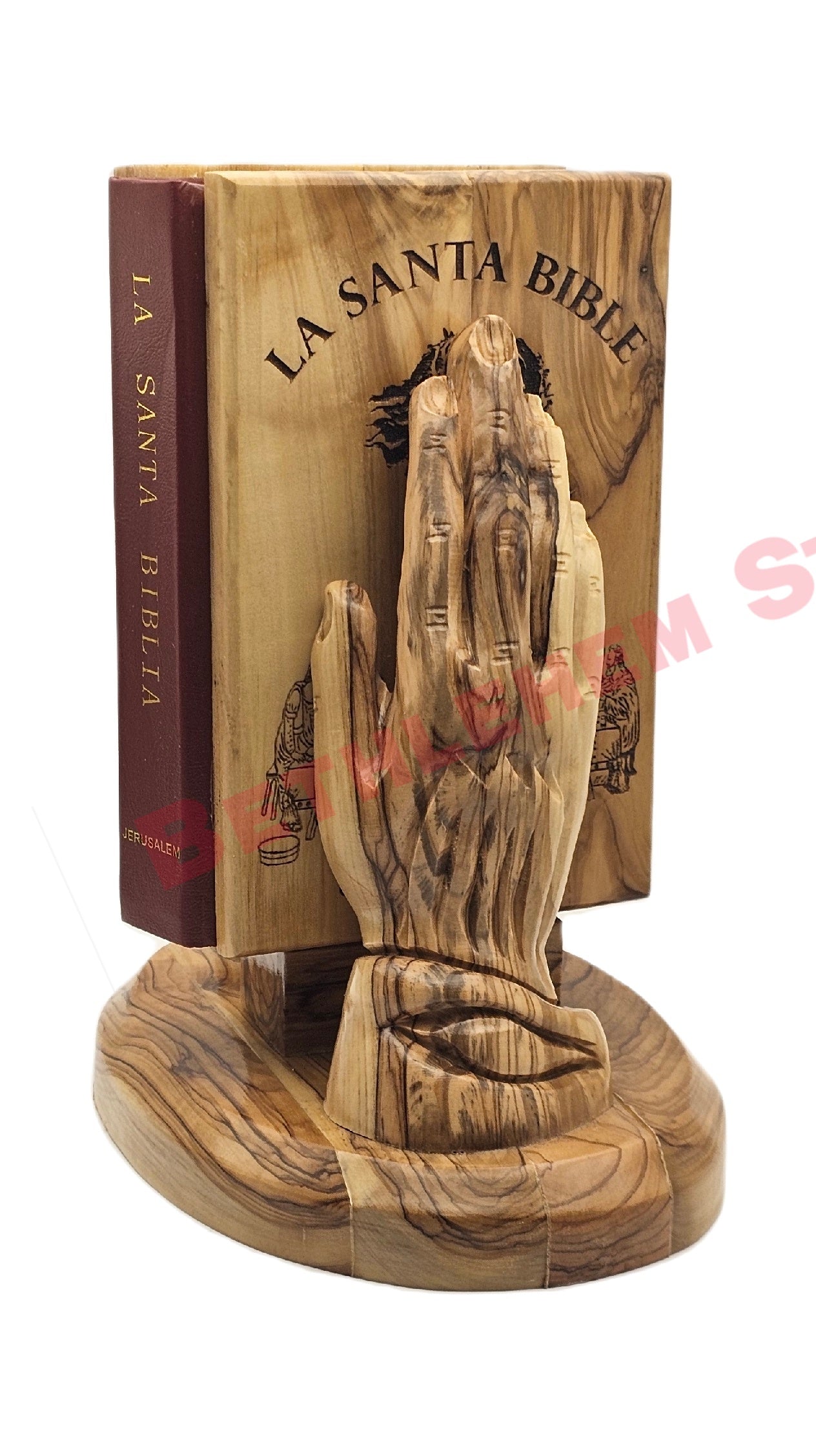 Hand prayer holding The Holy Bible Handmade from olive wood Spanish