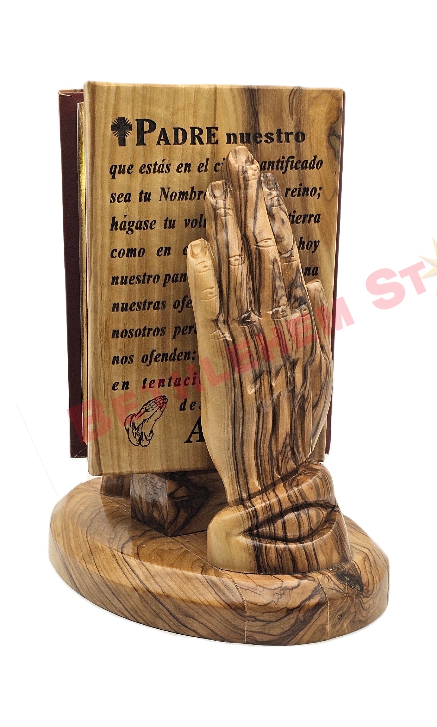 Hand prayer holding The Holy Bible Handmade from olive wood Spanish