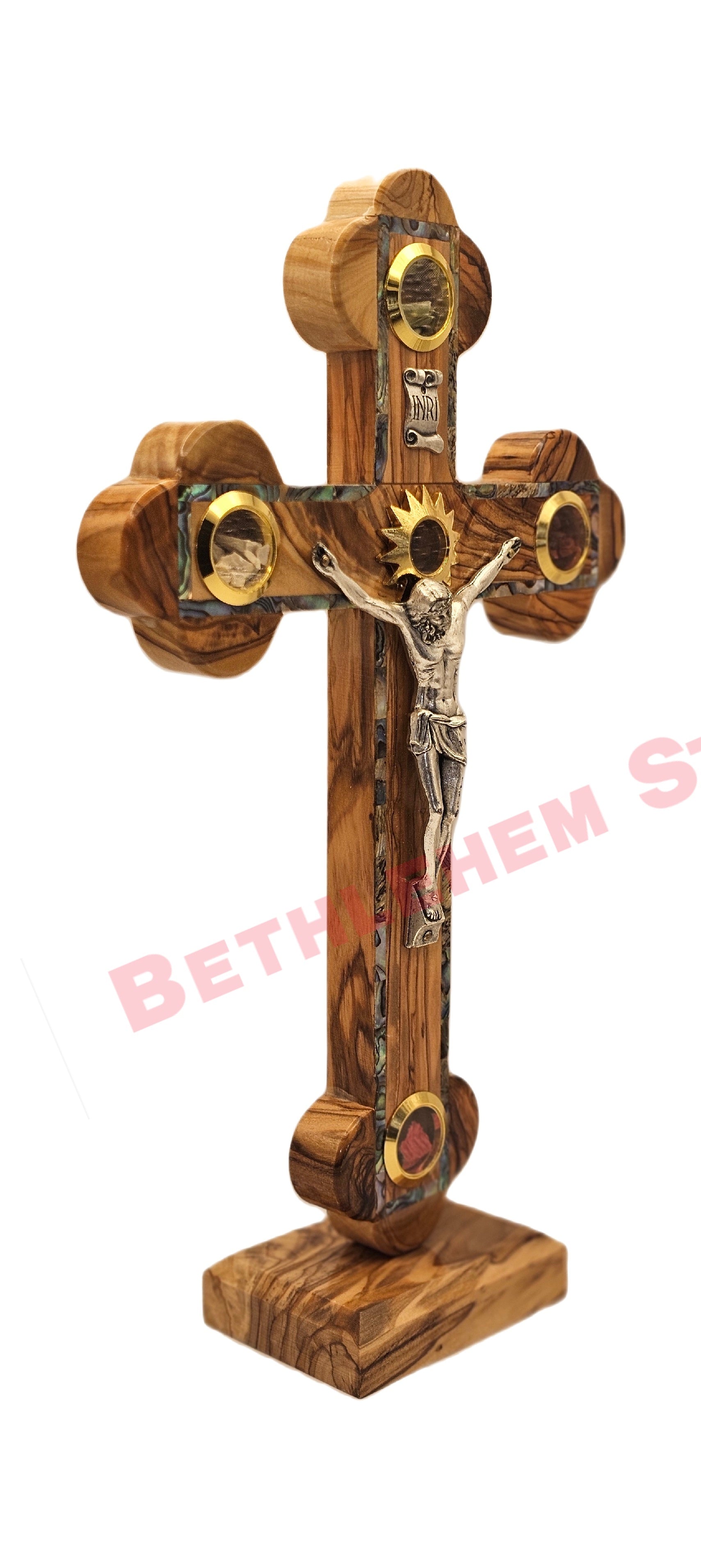 Olive wood & Mother of pearls Cross RM 25cm with Stand