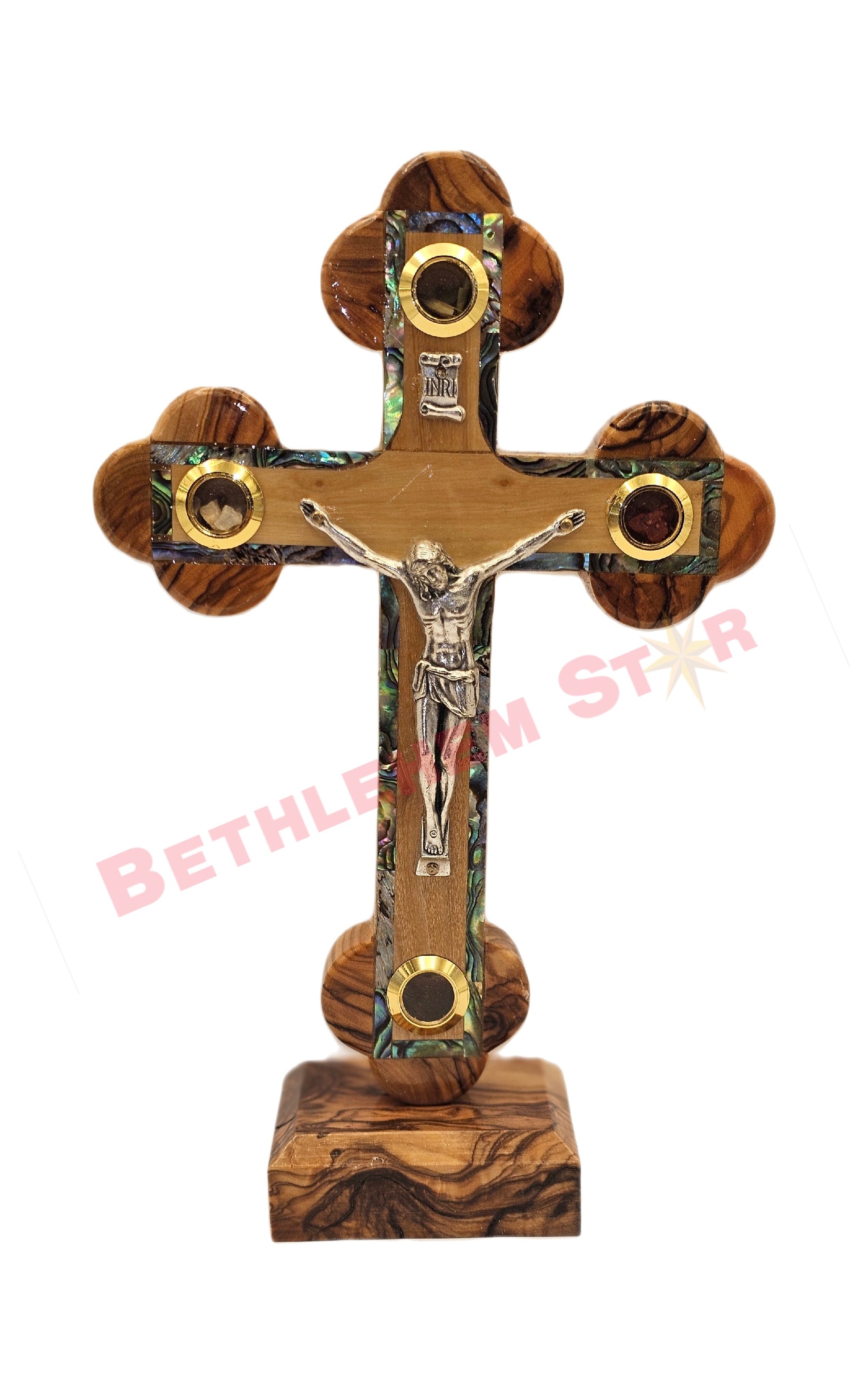 Olive wood & Mother of pearls Cross RM 16cm with Stand