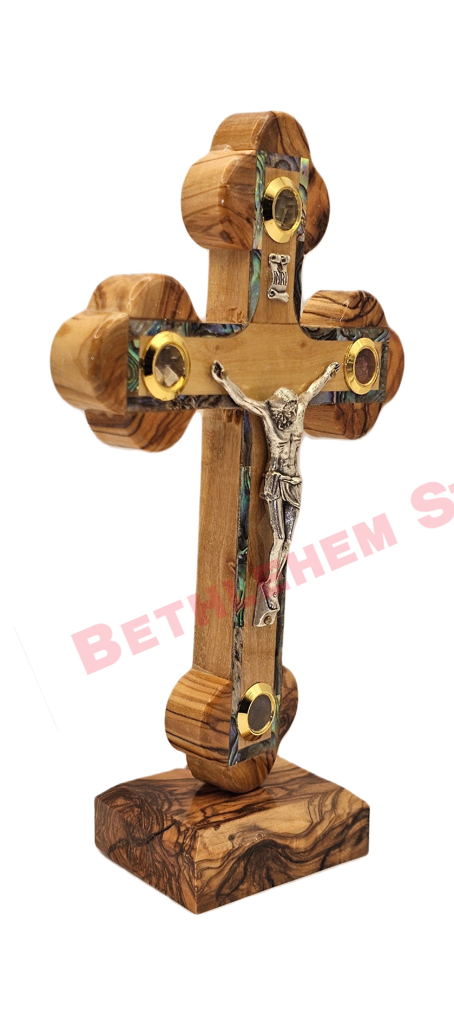 Olive wood & Mother of pearls Cross RM 16cm with Stand