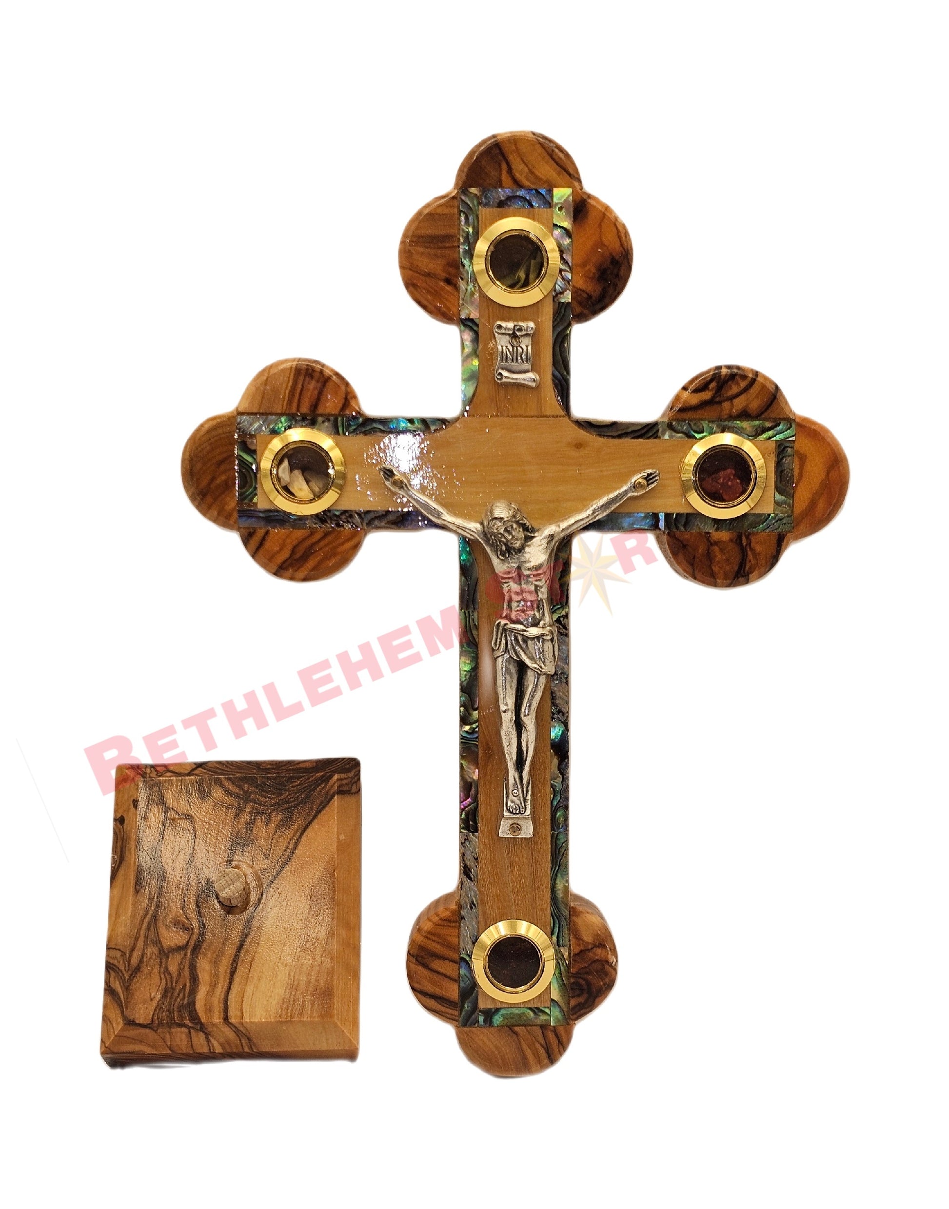 Olive wood & Mother of pearls Cross RM 16cm with Stand