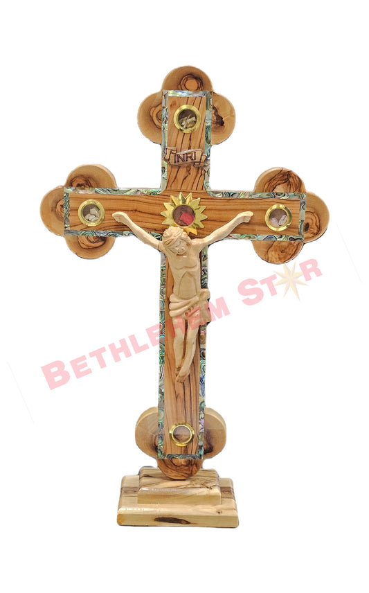 Olive wood & Mother of pearls Cross RM 50cm with Stand