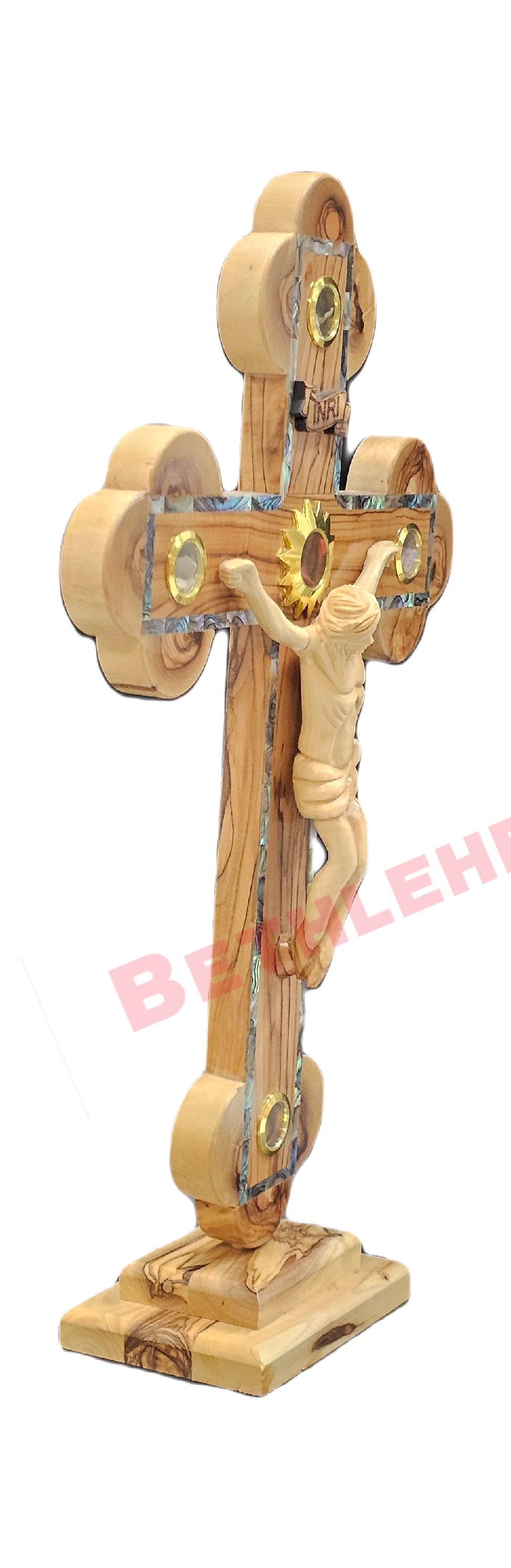 Olive wood & Mother of pearls Cross RM 50cm with Stand
