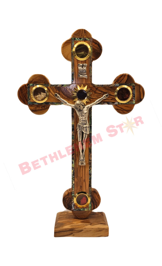 Olive wood & Mother of pearls Cross RM 20cm with Stand
