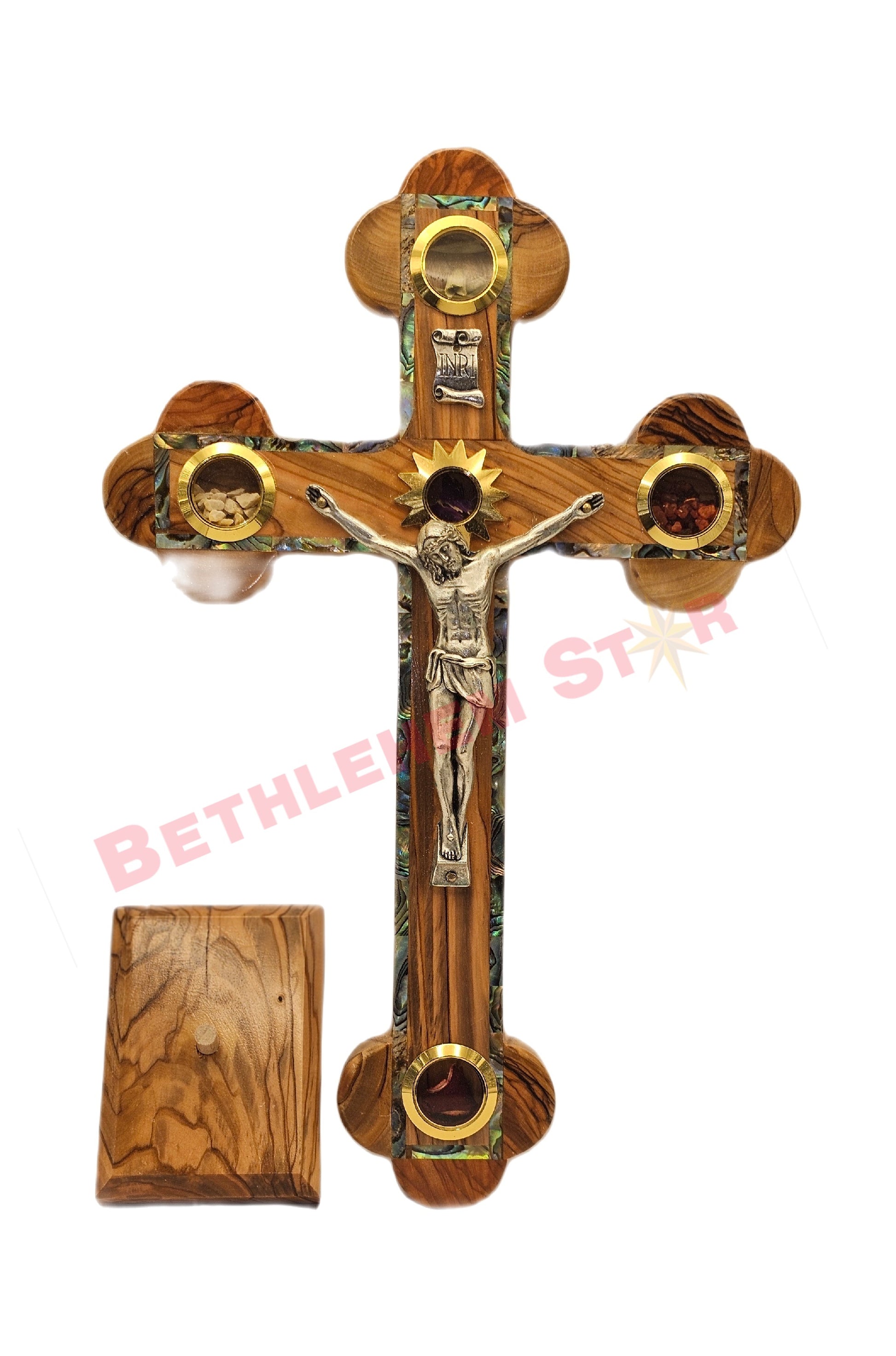 Olive wood & Mother of pearls Cross RM 20cm with Stand
