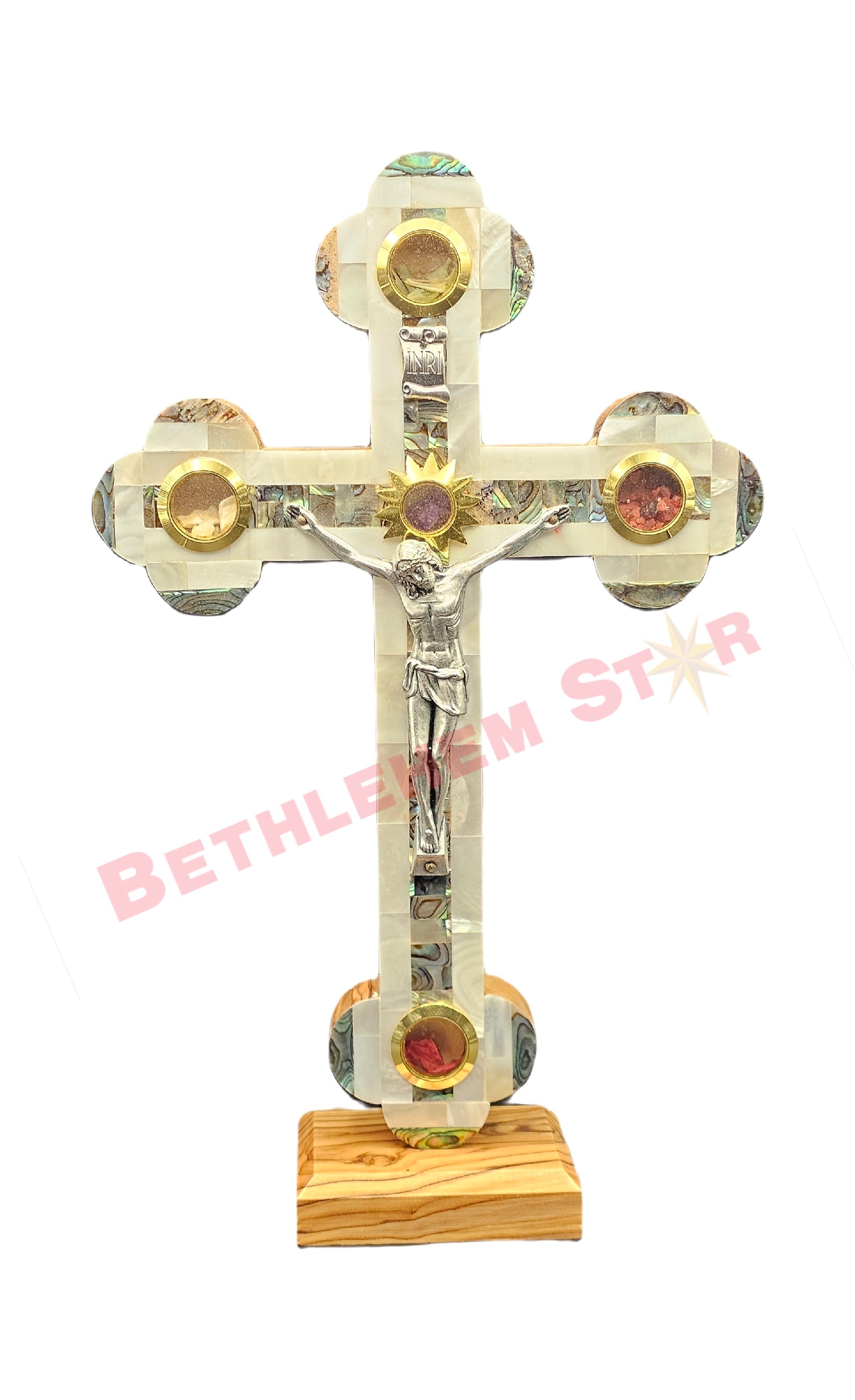 Mother of pearls & Olive wood Cross RMF 20cm with Stand