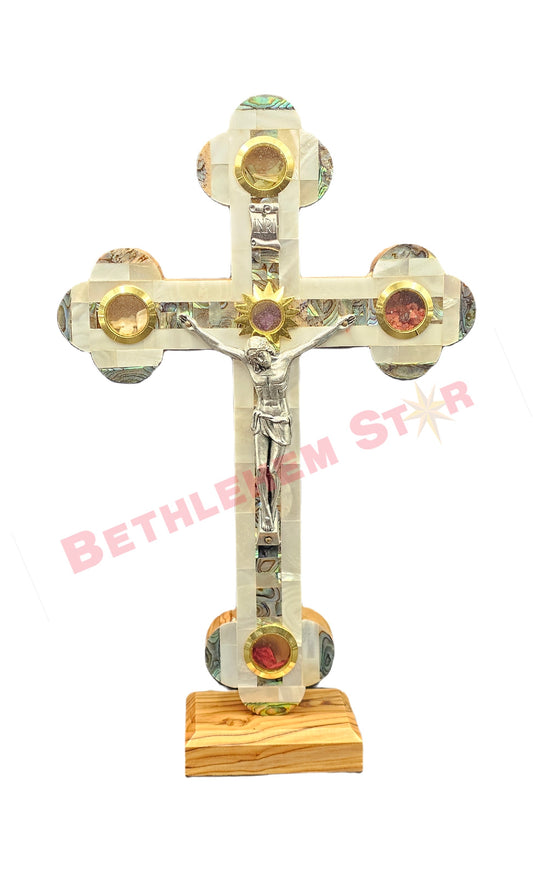 Mother of pearls & Olive wood Cross RMF 20cm with Stand