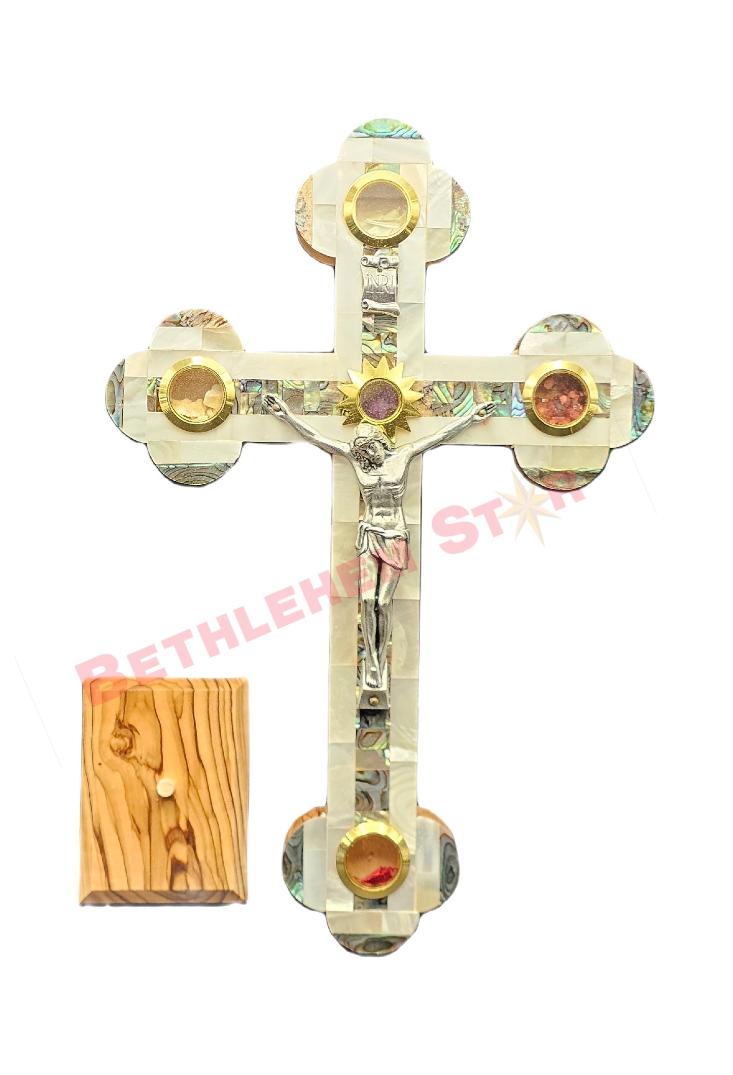 Mother of pearls & Olive wood Cross RMF 20cm with Stand