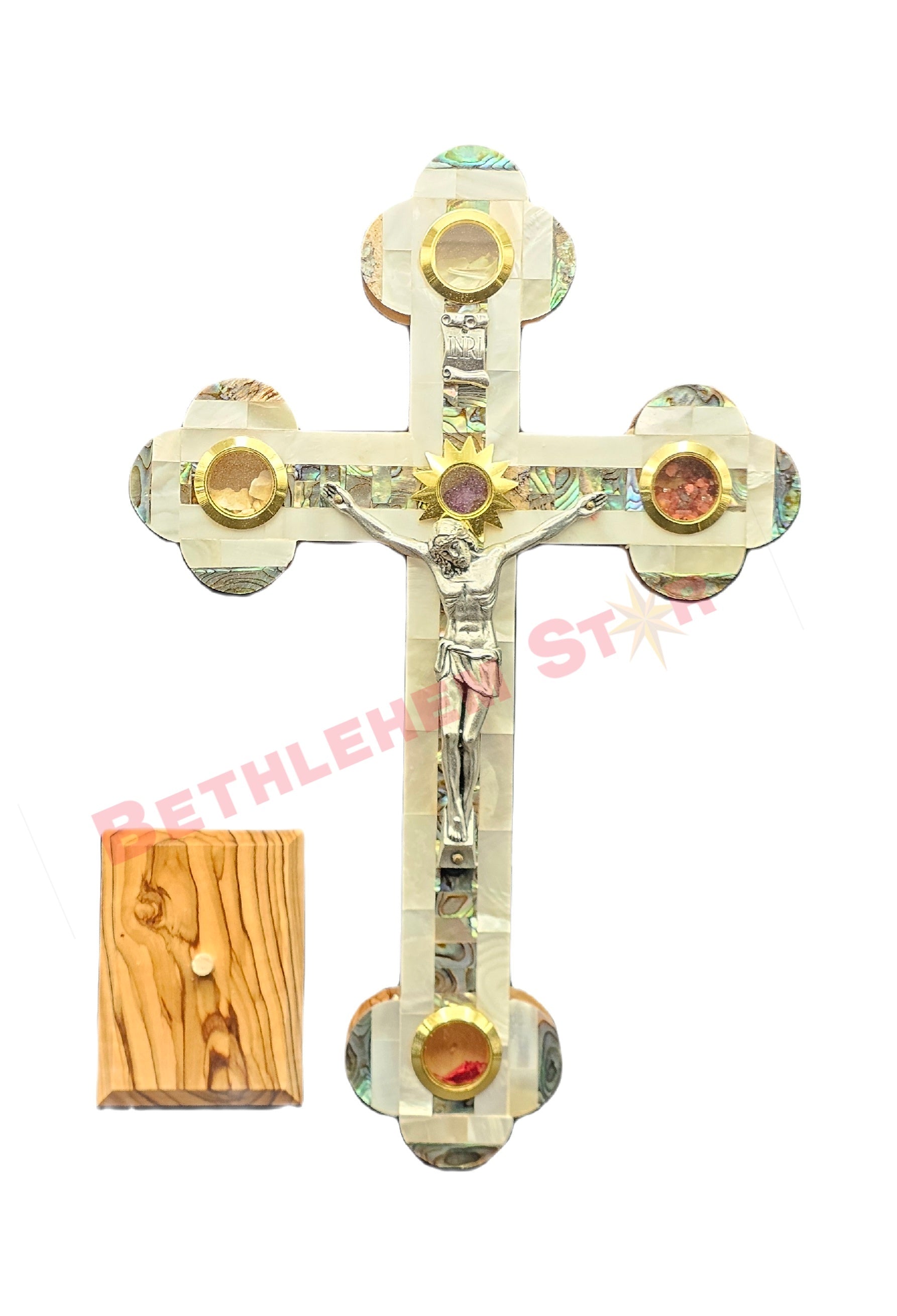Mother of pearls & Olive wood Cross RMF 20cm with Stand