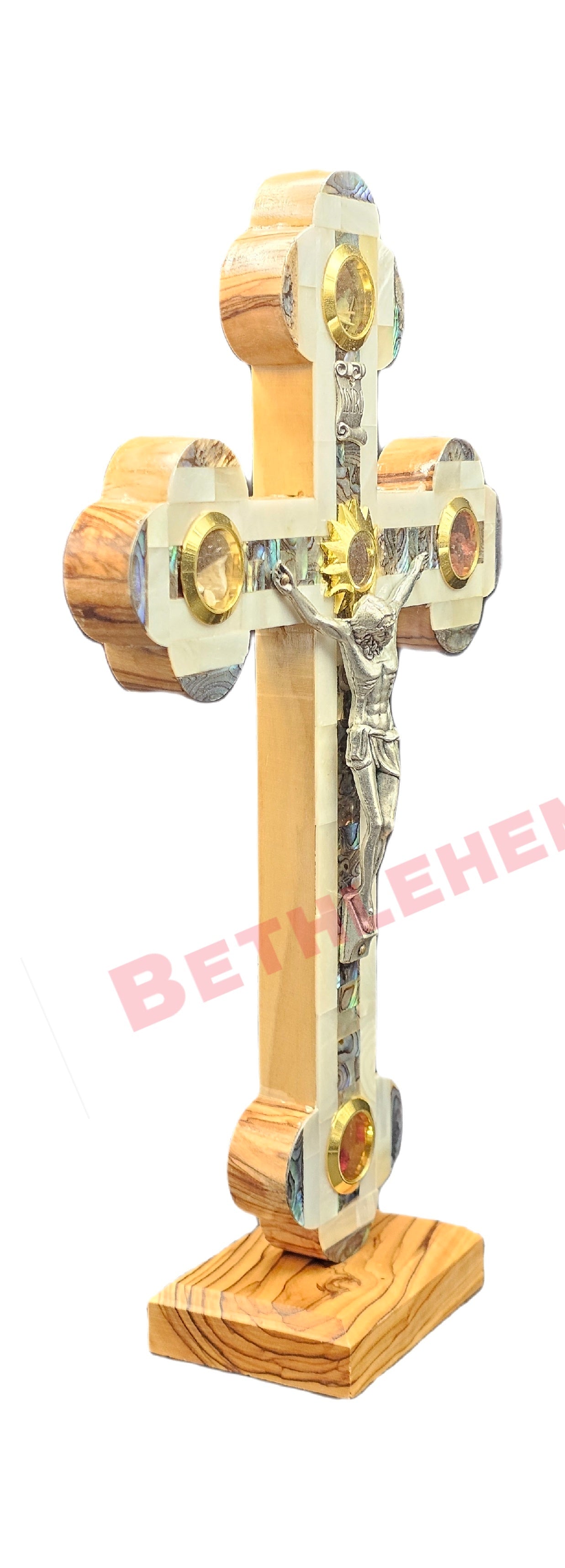 Mother of pearls & Olive wood Cross RMF 20cm with Stand