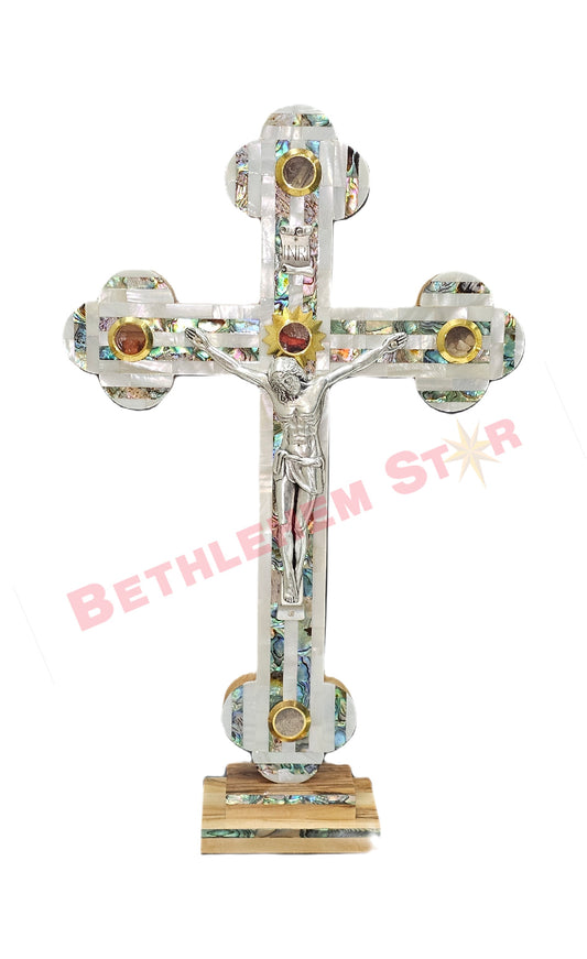 Mother of pearls & Olive wood Cross RMF 35cm with Stand