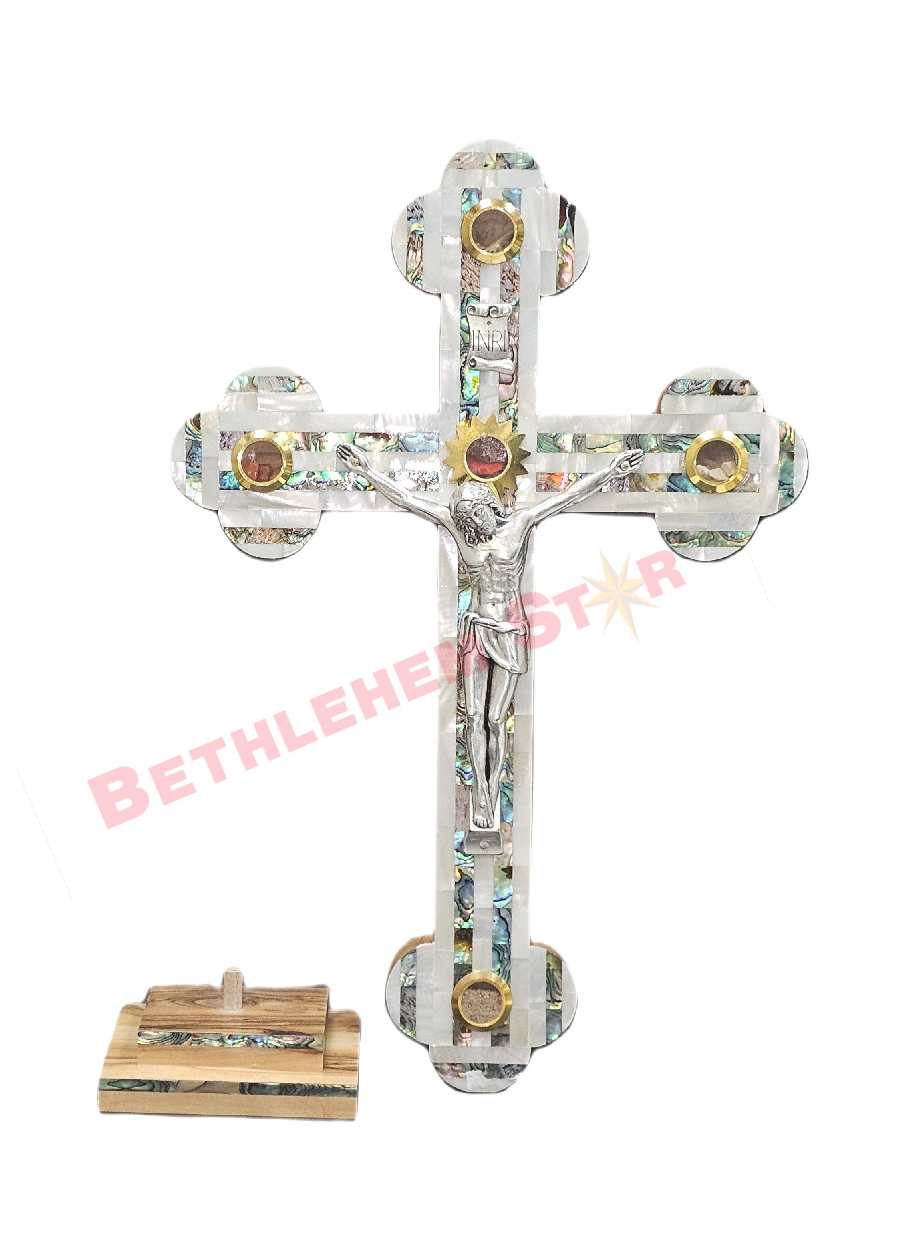 Mother of pearls & Olive wood Cross RMF 35cm with Stand