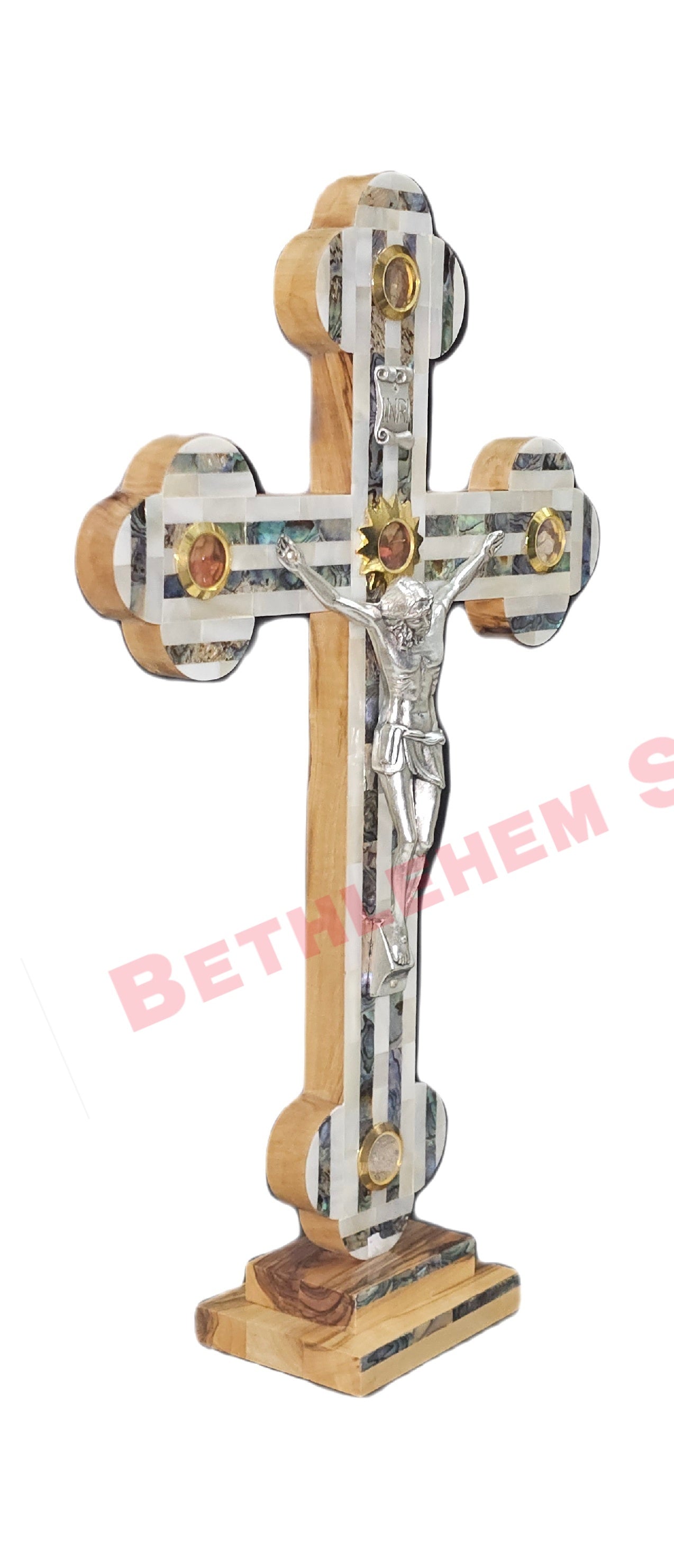 Mother of pearls & Olive wood Cross RMF 35cm with Stand
