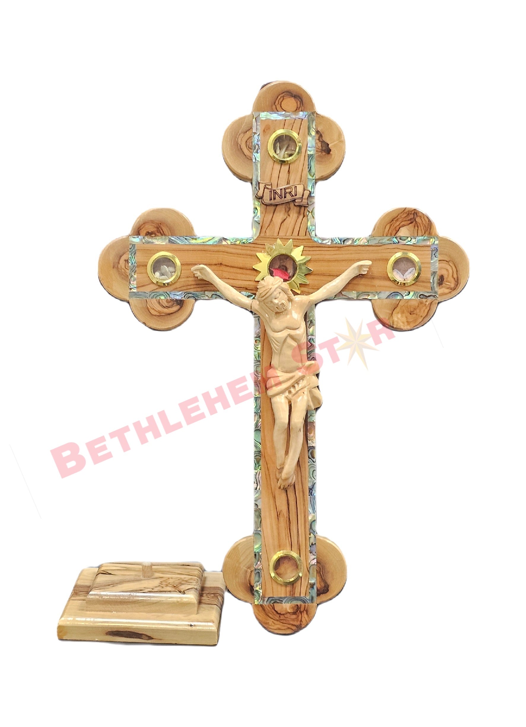 Olive wood & Mother of pearls Cross RM 35cm with Stand