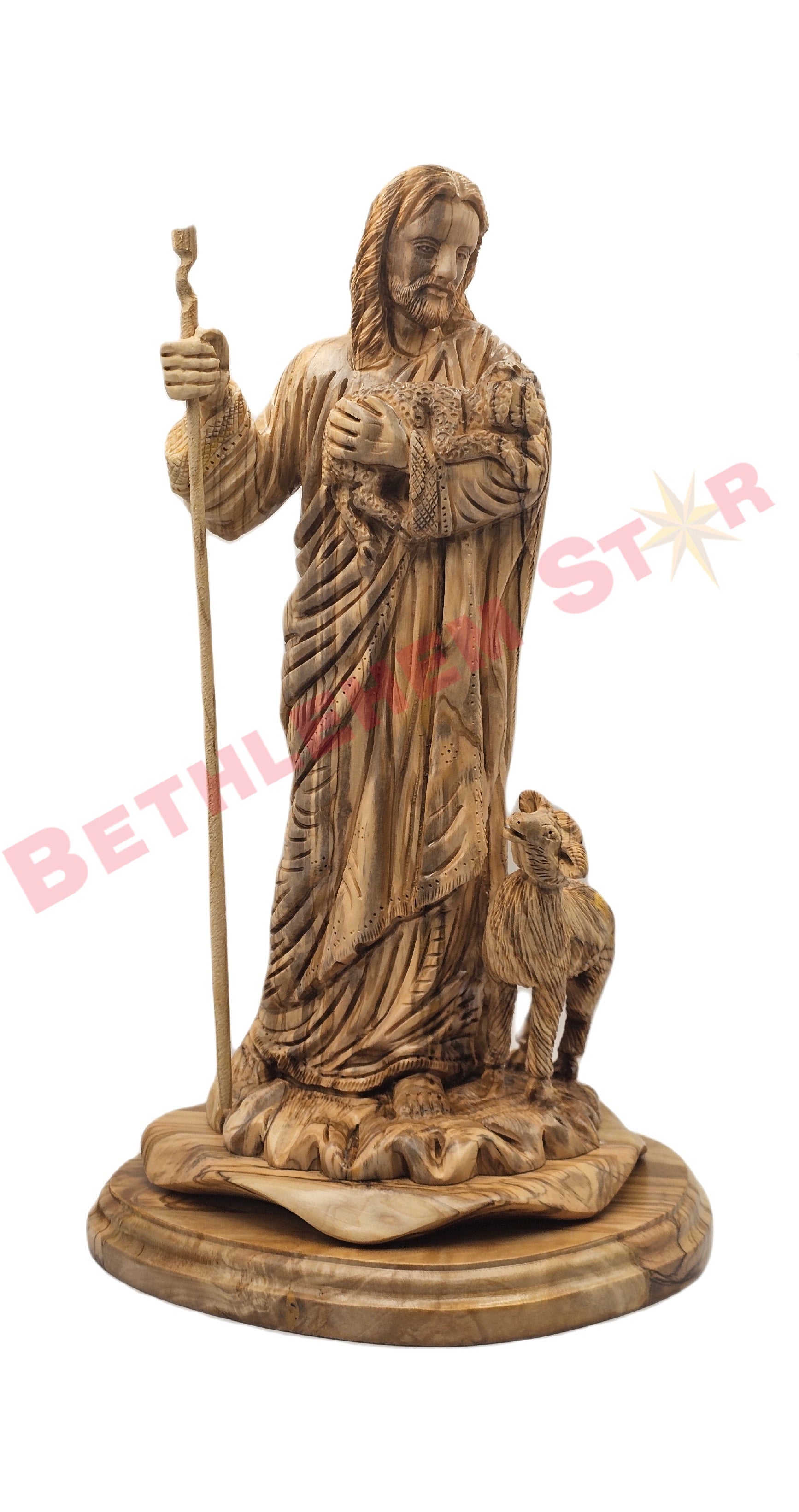 Olive wood carving of The Good Shepherd with his staff