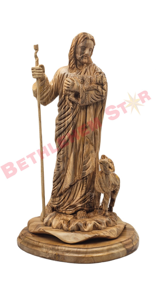 Olive wood carving of The Good Shepherd with his staff