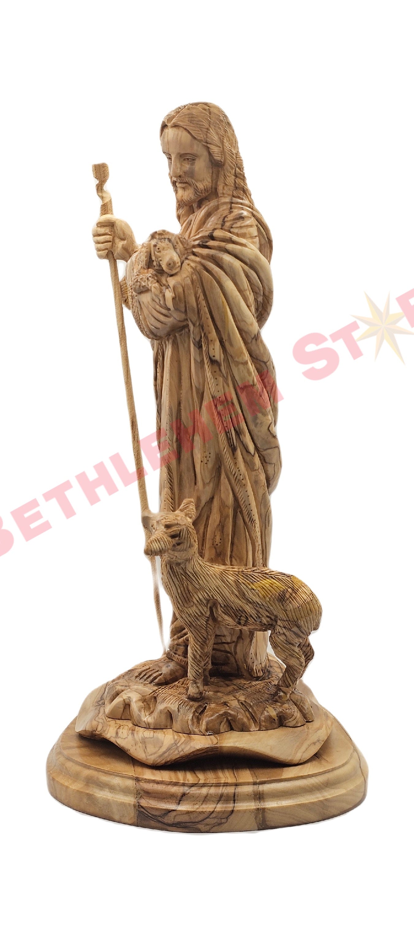 Olive wood carving of The Good Shepherd with his staff