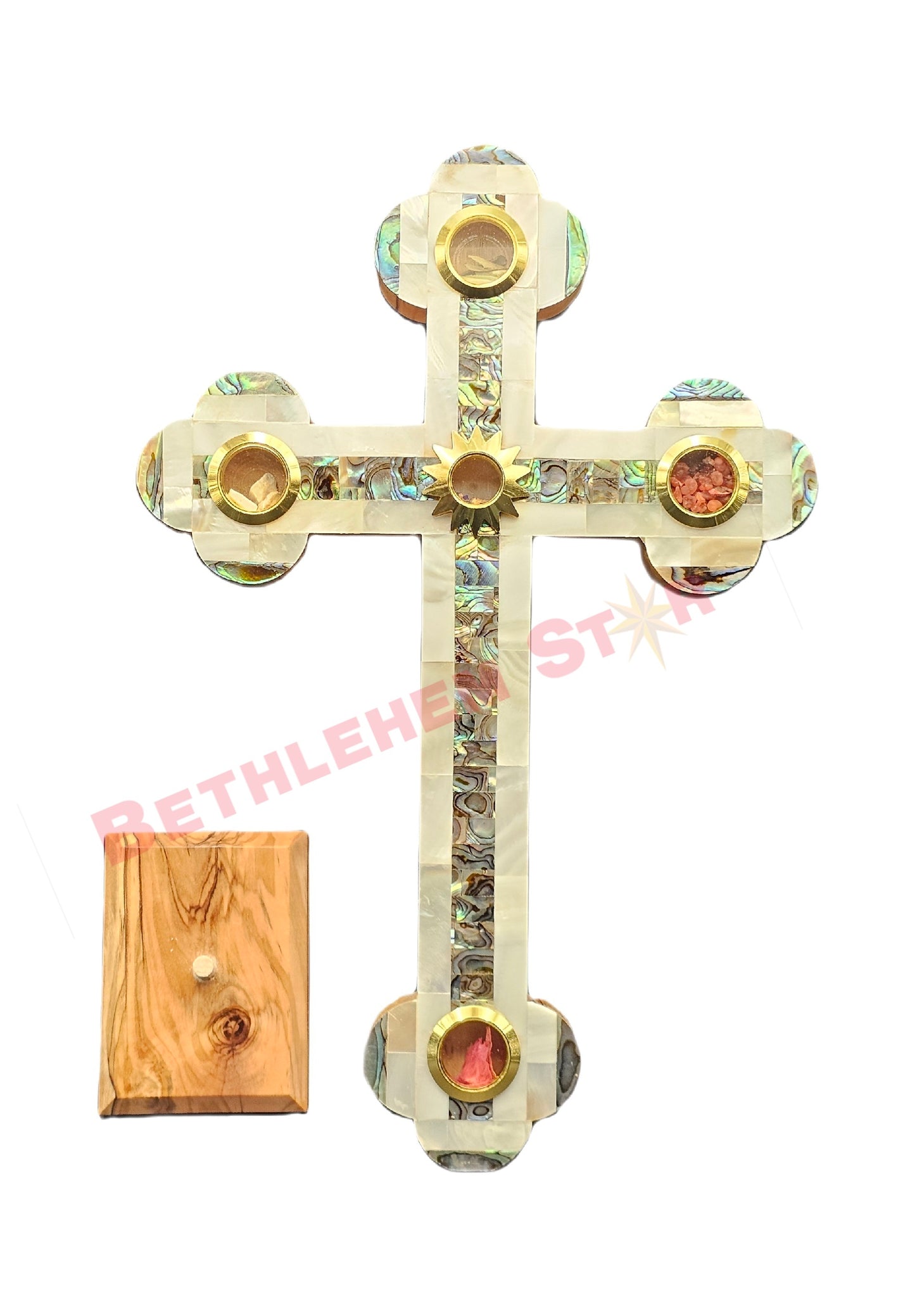 Mother of pearls & Olive wood Cross RMF 16cm Plain with Stand