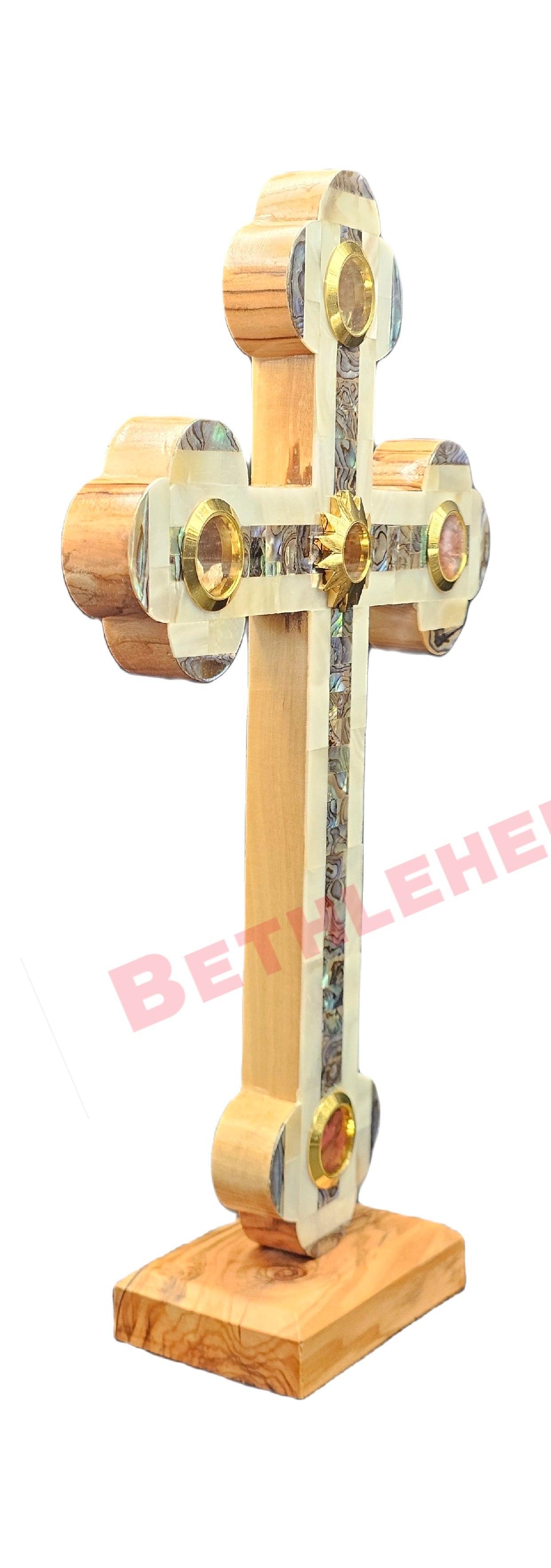 Mother of pearls & Olive wood Cross RMF 16cm Plain with Stand