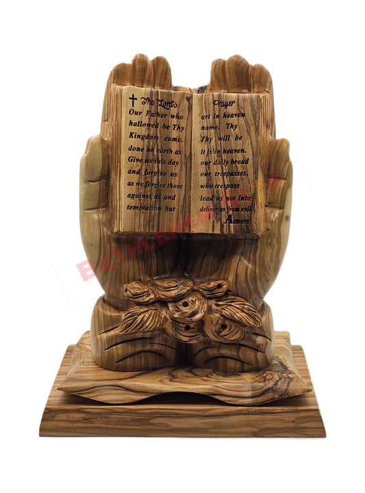 Hands Holding the Lord’s Prayer in Carved Olive Wood