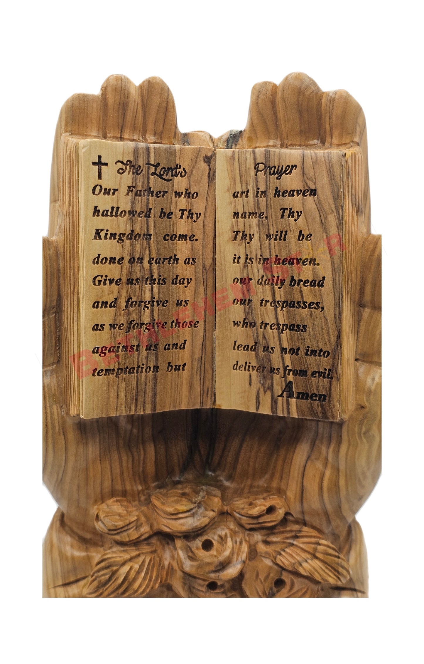 Hands Holding the Lord’s Prayer in Carved Olive Wood