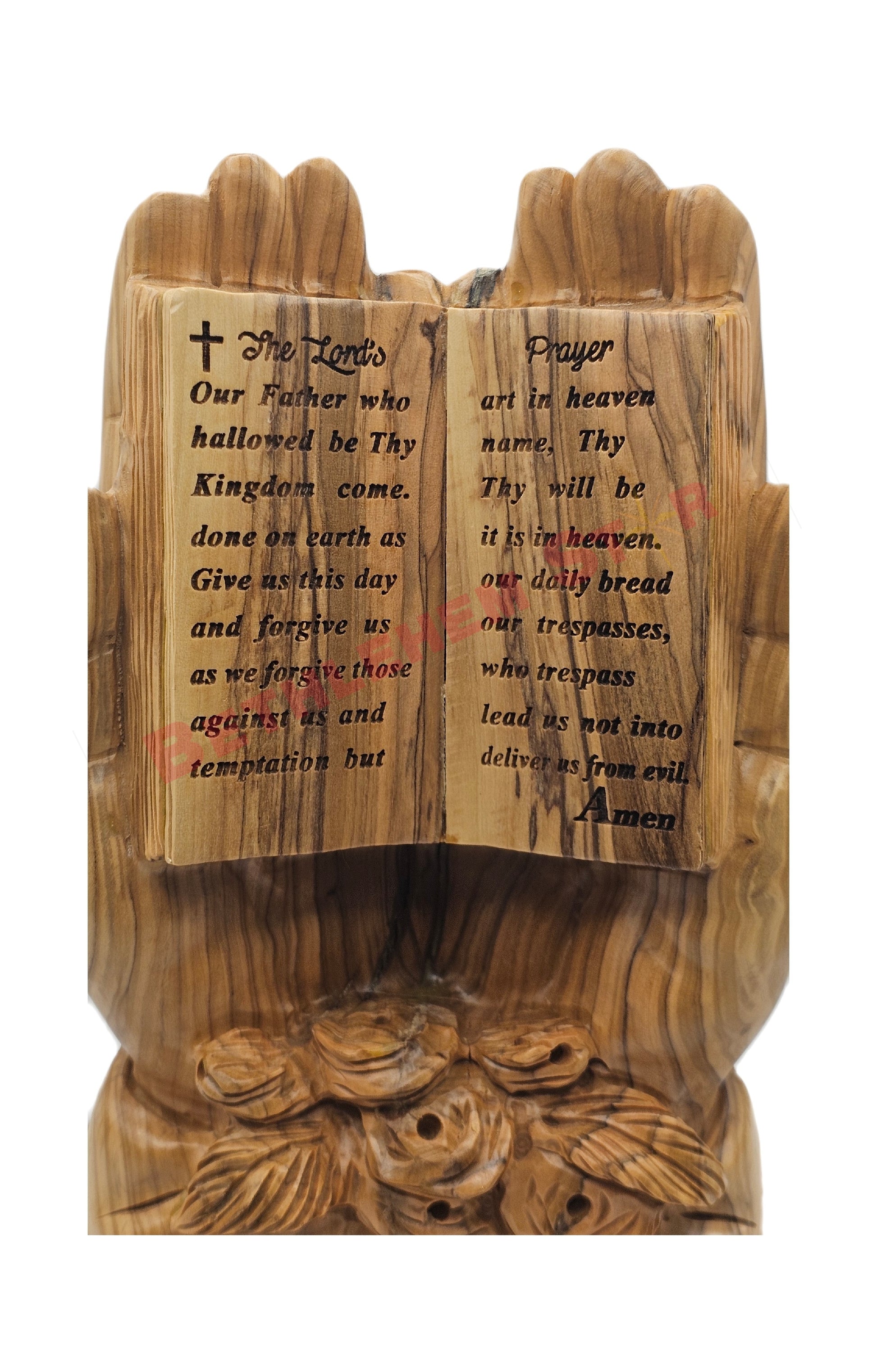Hands Holding the Lord’s Prayer in Carved Olive Wood
