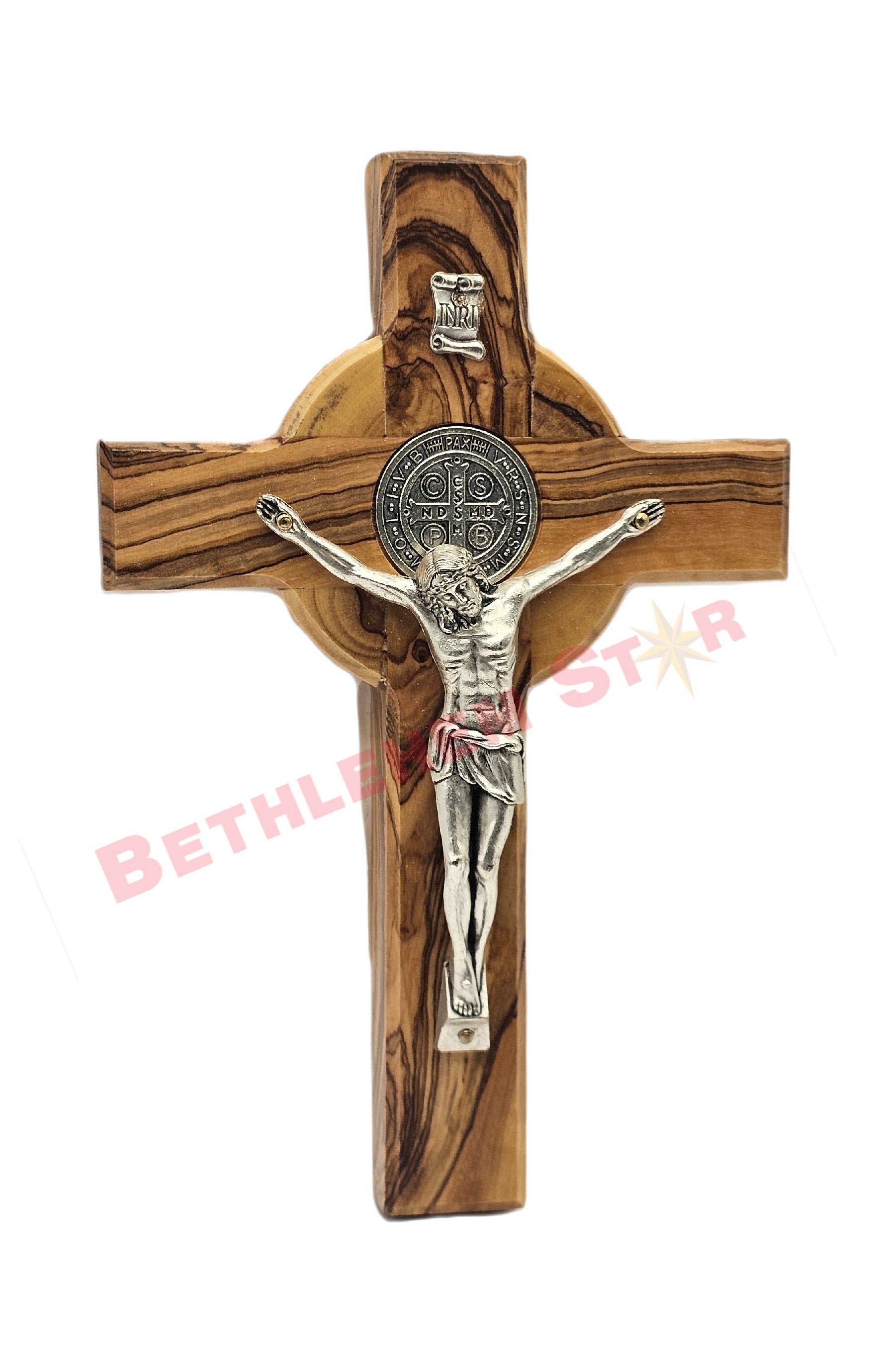 Olive wood Cross St Benedict 16cm
