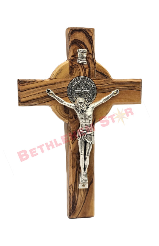 Olive wood Cross St Benedict 16cm