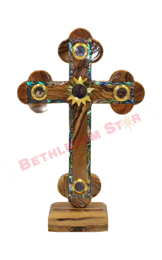 Olive wood & Mother of pearls Cross RM 16cm Plain with Stand