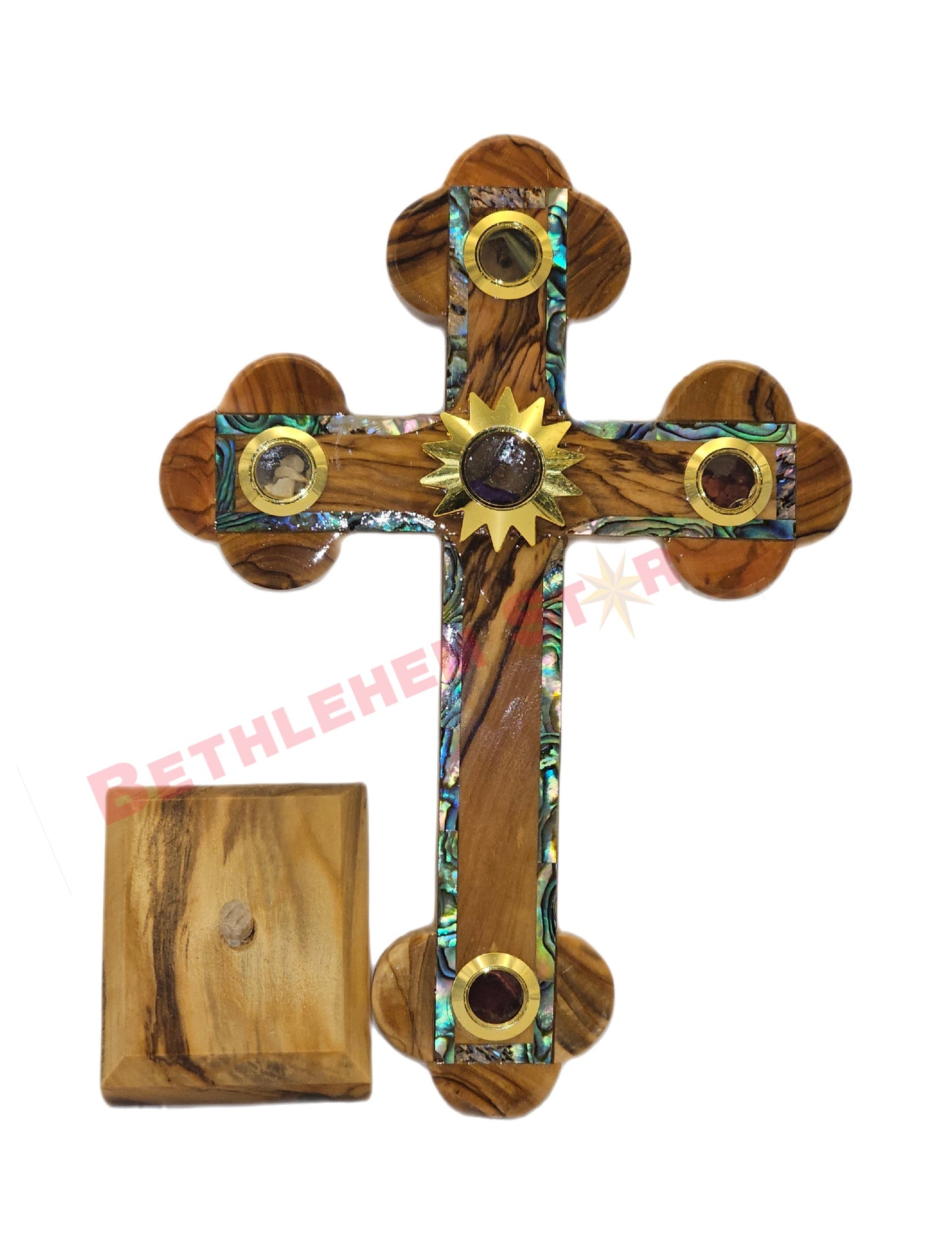Olive wood & Mother of pearls Cross RM 16cm Plain with Stand