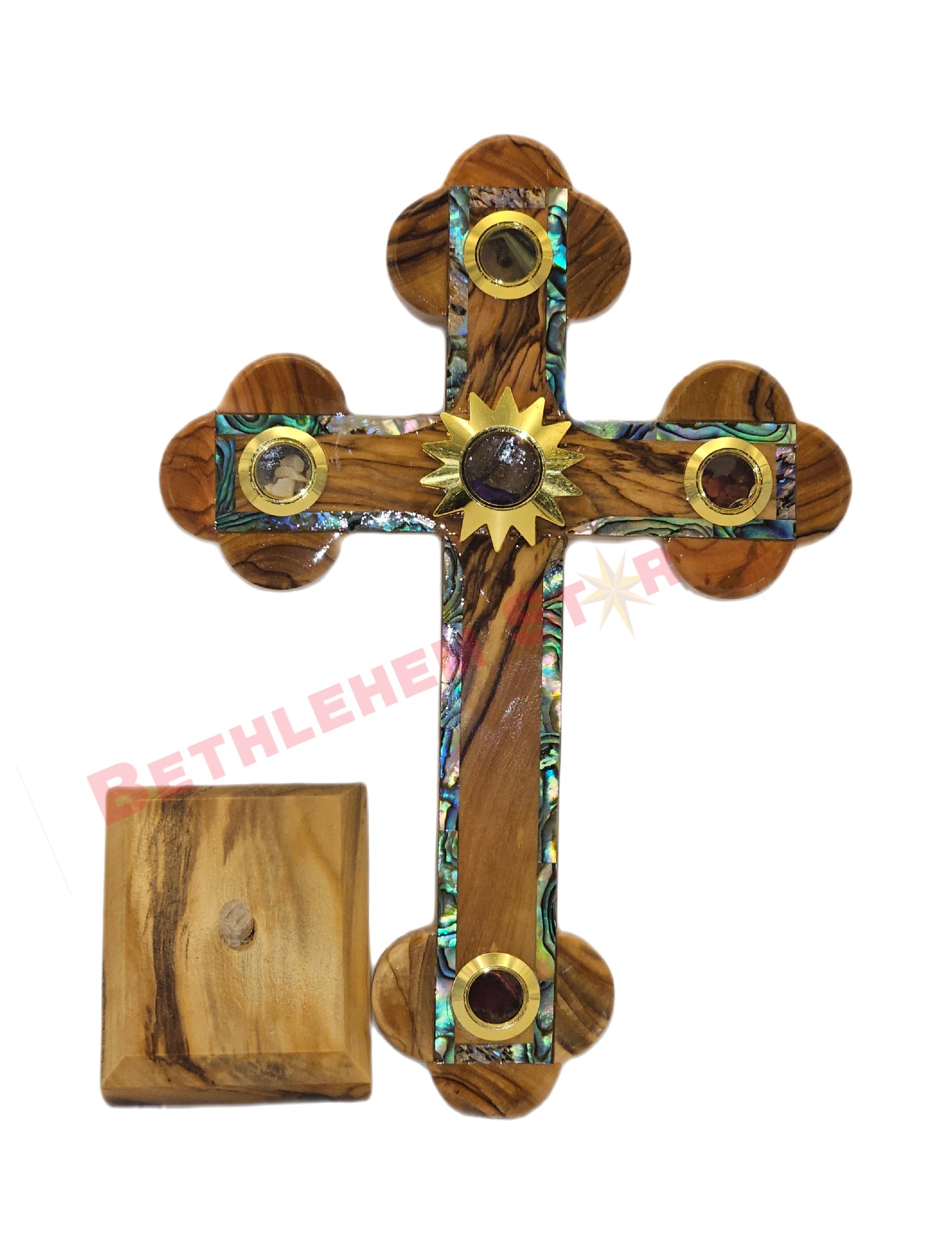 Olive wood & Mother of pearls Cross RM 16cm Plain with Stand