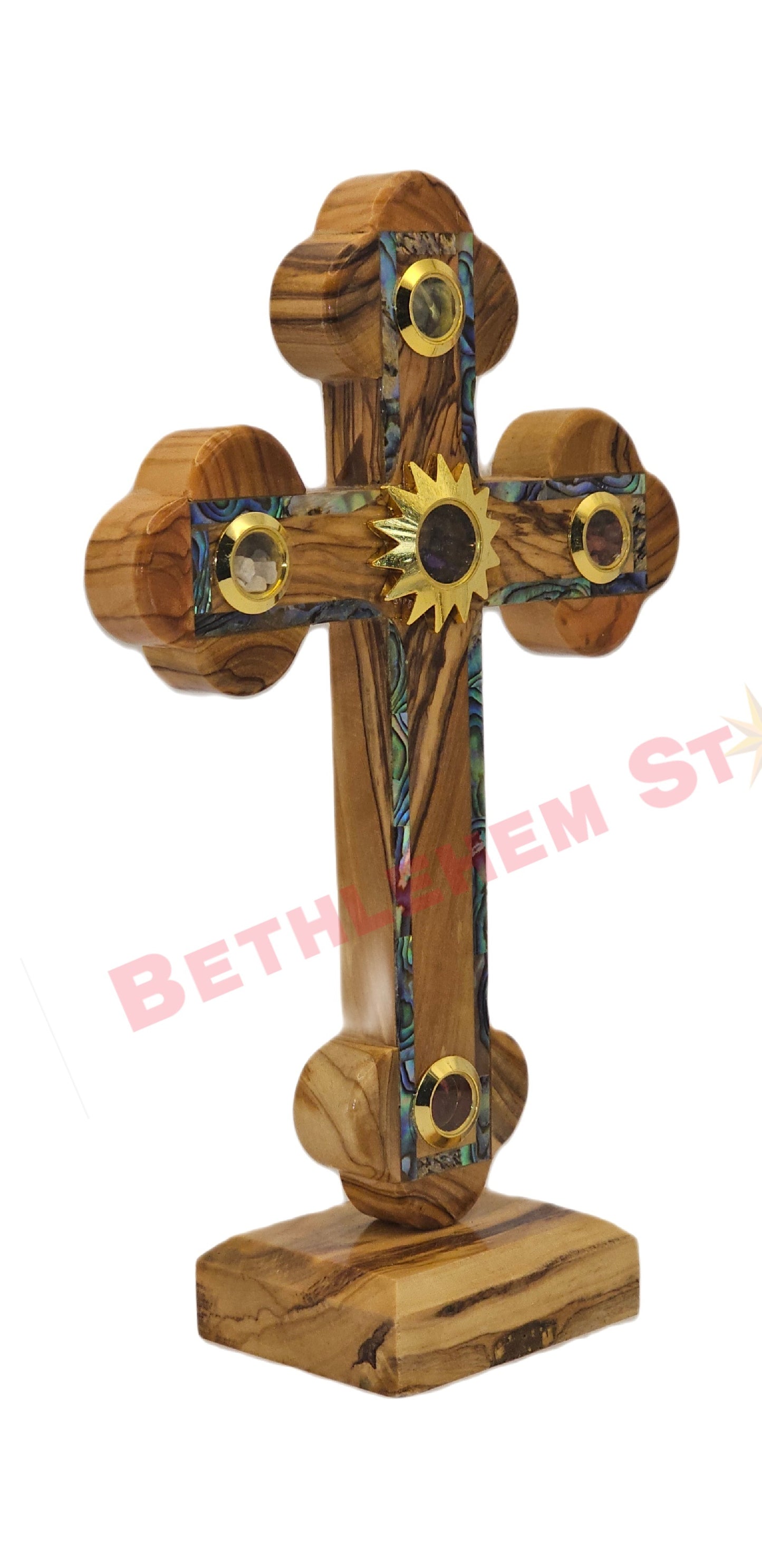 Olive wood & Mother of pearls Cross RM 16cm Plain with Stand