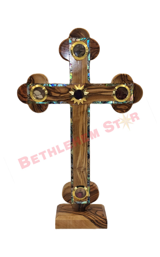 Olive wood & Mother of pearls Cross RM 25 Plain with stand