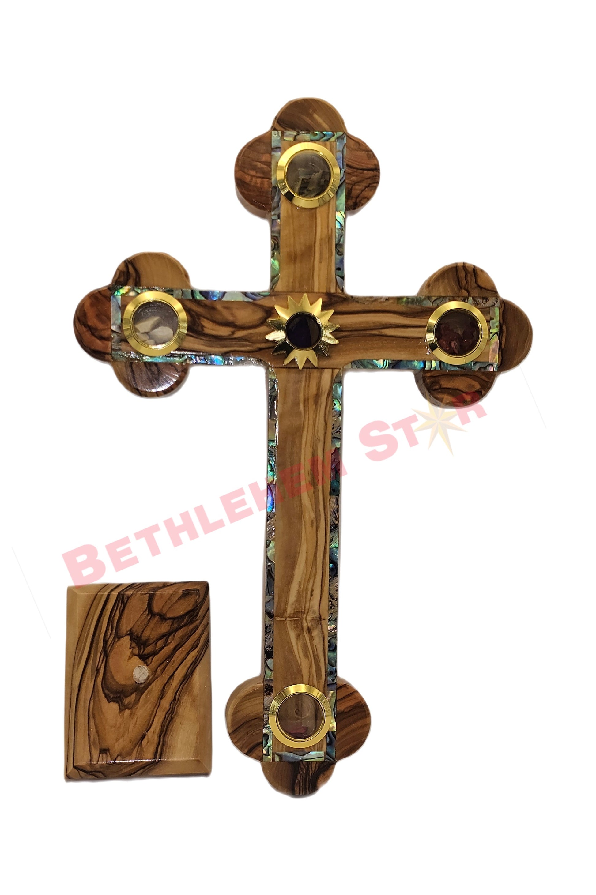 Olive wood & Mother of pearls Cross RM 25 Plain with stand