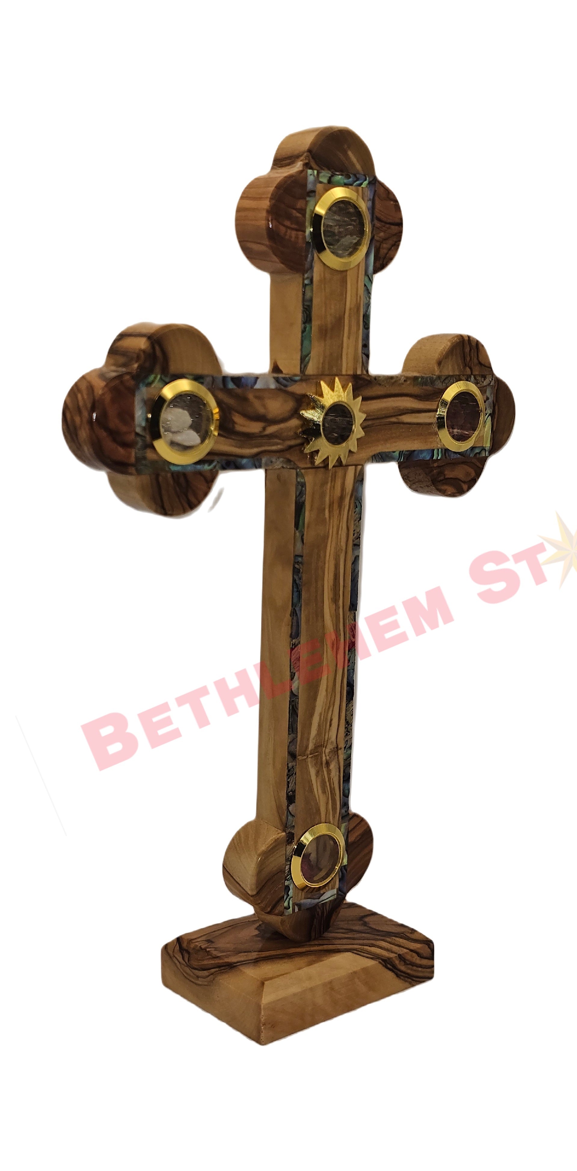 Olive wood & Mother of pearls Cross RM 20cm Plain with Stand